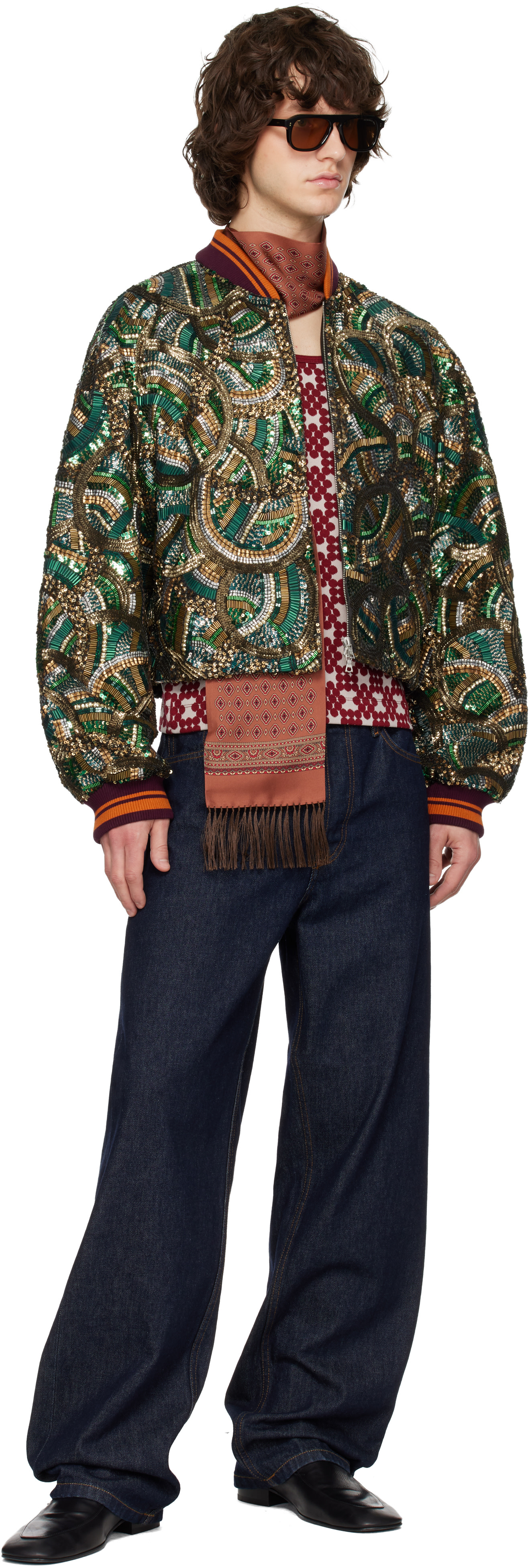 Dries Van Noten: グリーン エンブロイダリー ボンバージャケット