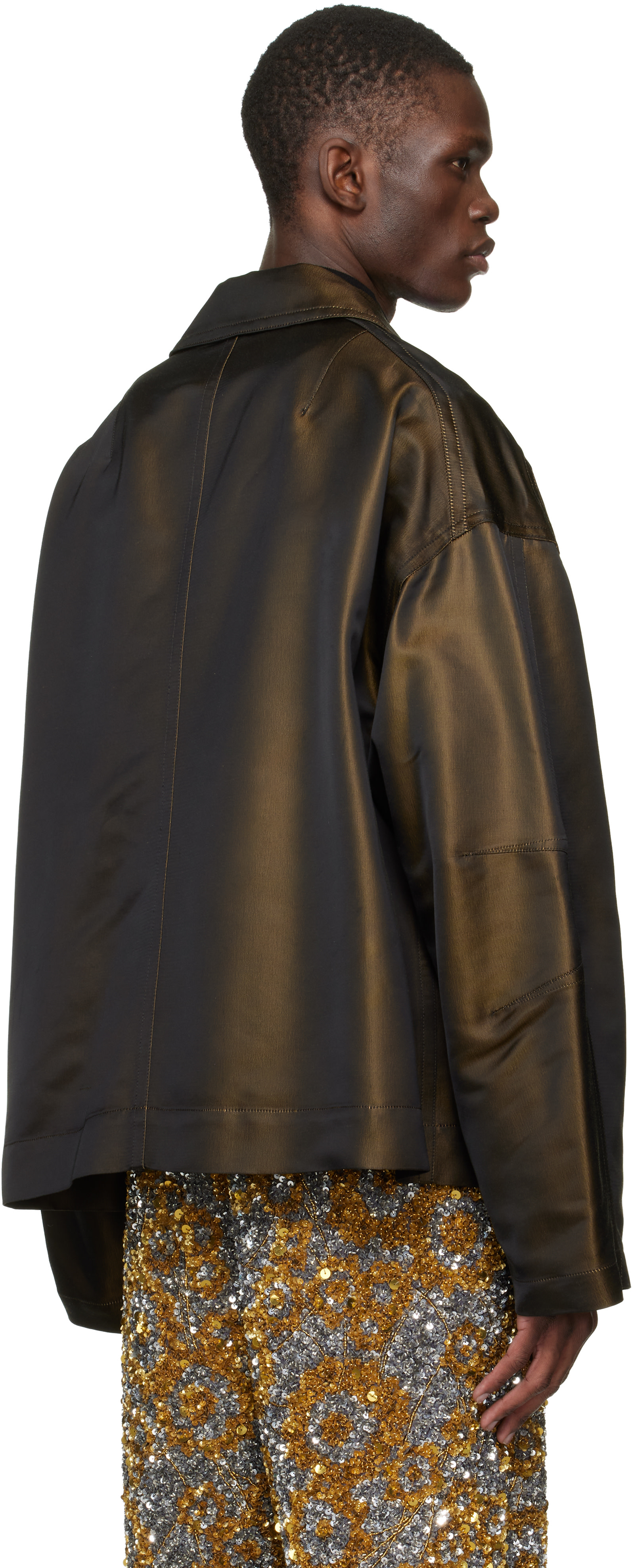 DRIES VAN NOTEN ラメ ダブルジップ ブルゾン Dries Van Noten: Brown Dropped Shoulder Jacket | SSENSE