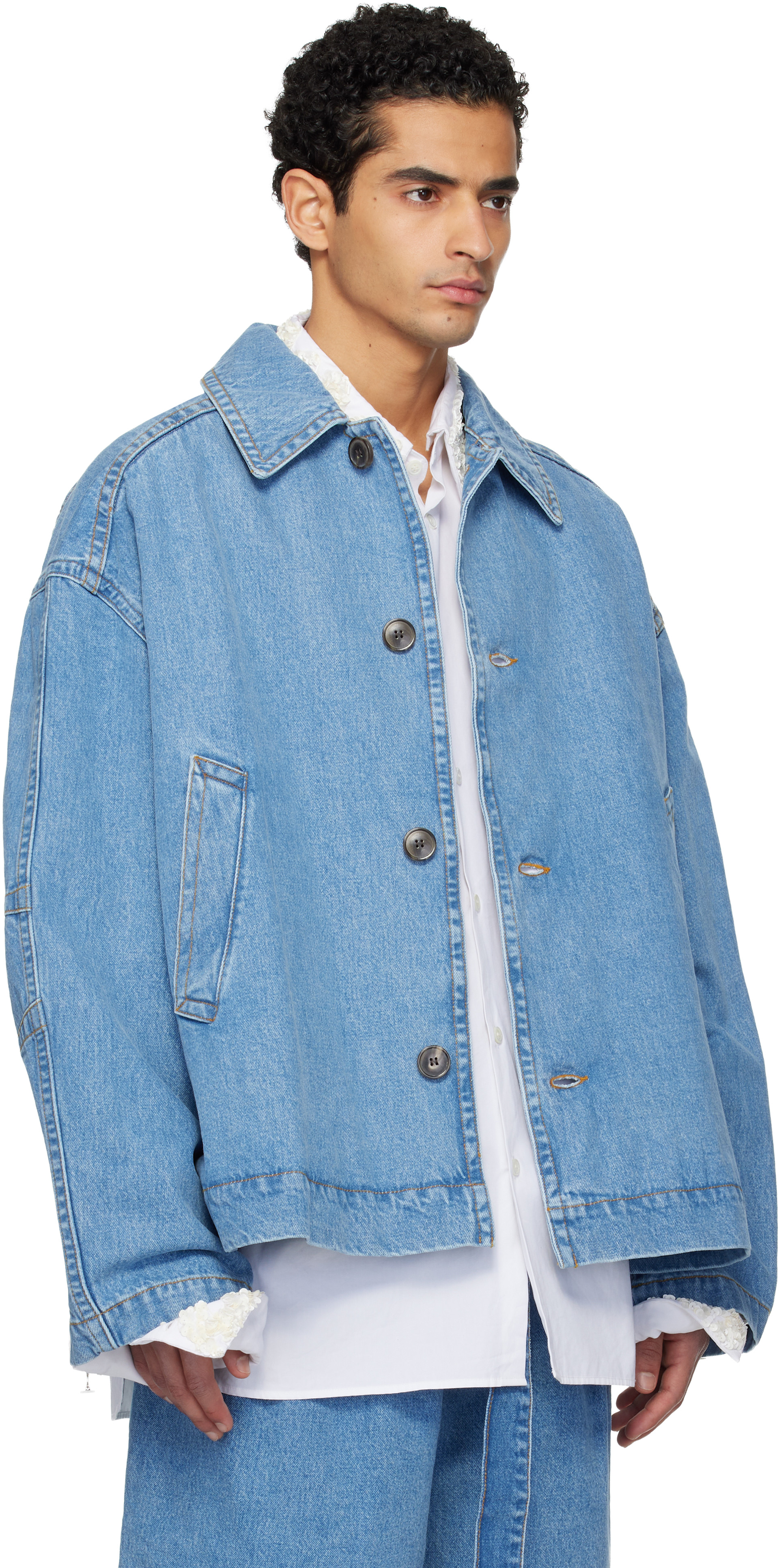 DRIES VAN NOTEN ノーカラー ブルゾン ドローストリング ブルー系 Dries Van Noten: Blue Heavyweight Denim Jacket | SSENSE