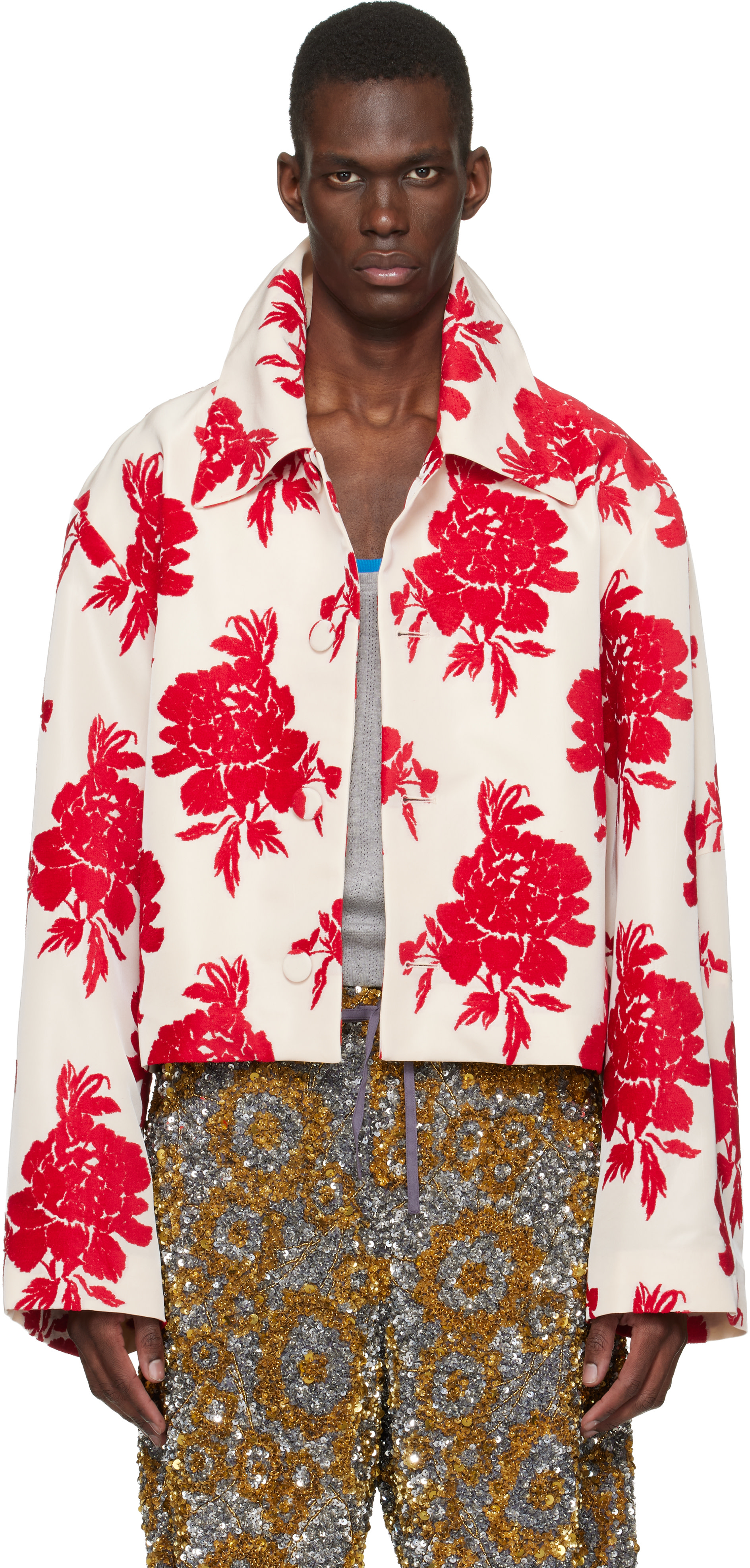 Dries Van Noten: Red & Off-White Floral Jacket | SSENSE