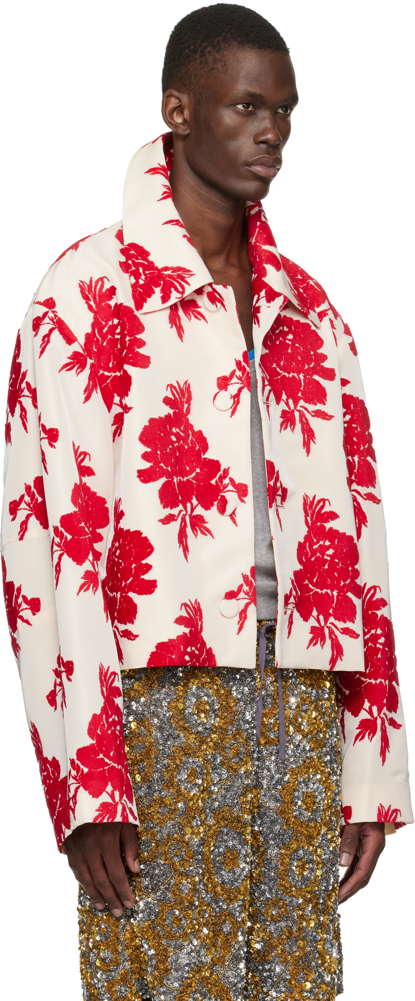 Dries Van Noten: Red & Off-White Floral Jacket | SSENSE