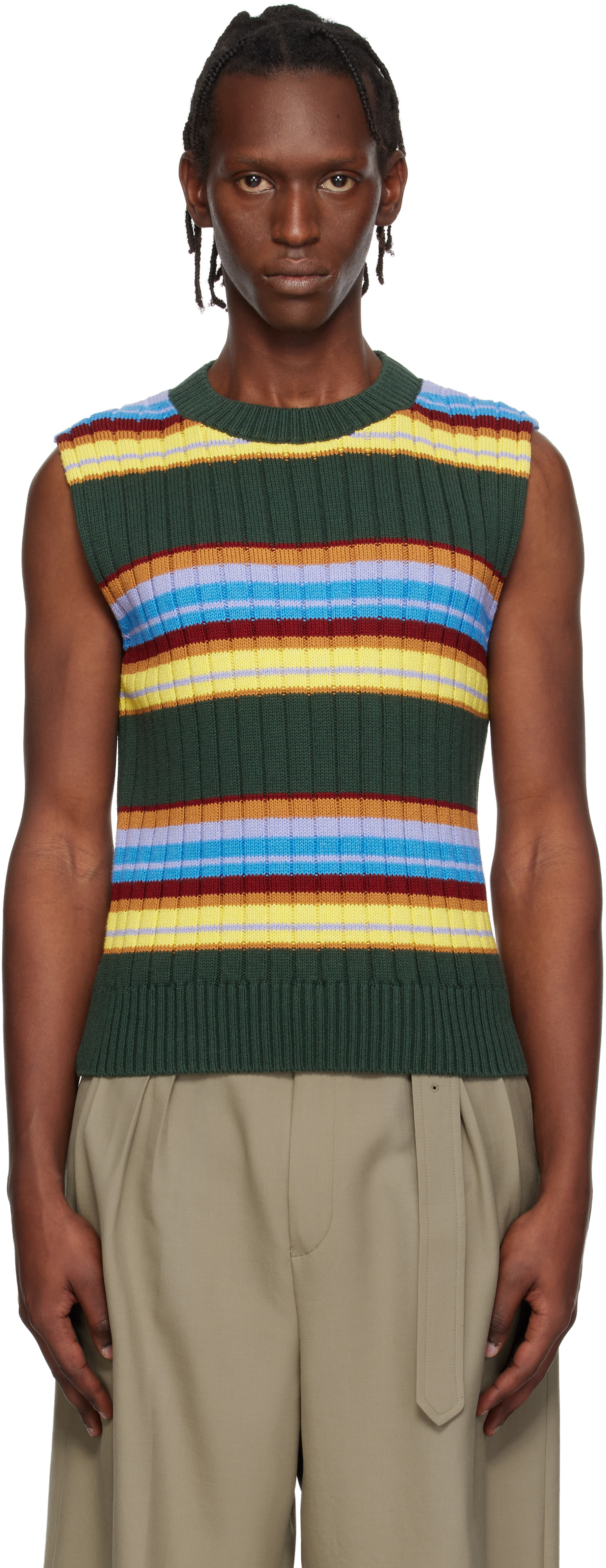 Dries Van Noten: Green Striped Sleeveless Sweater | SSENSE