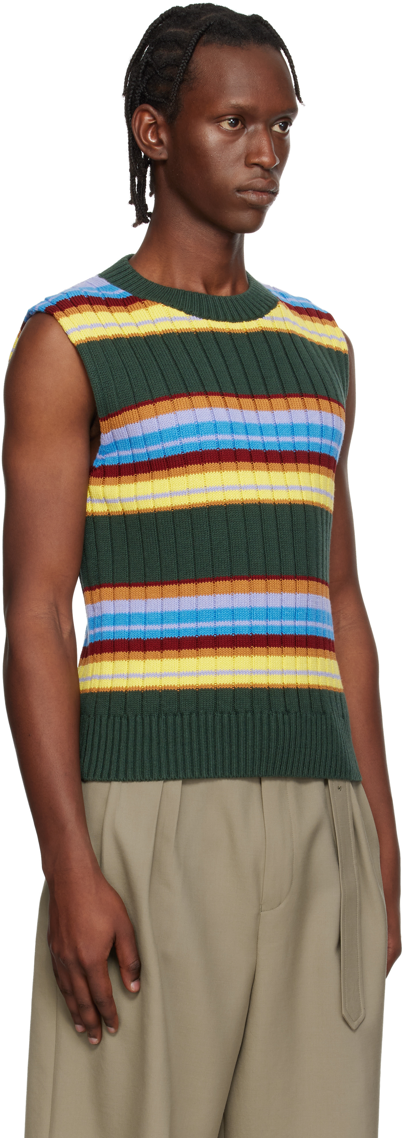 Dries Van Noten - Pull sans manches vert à rayures