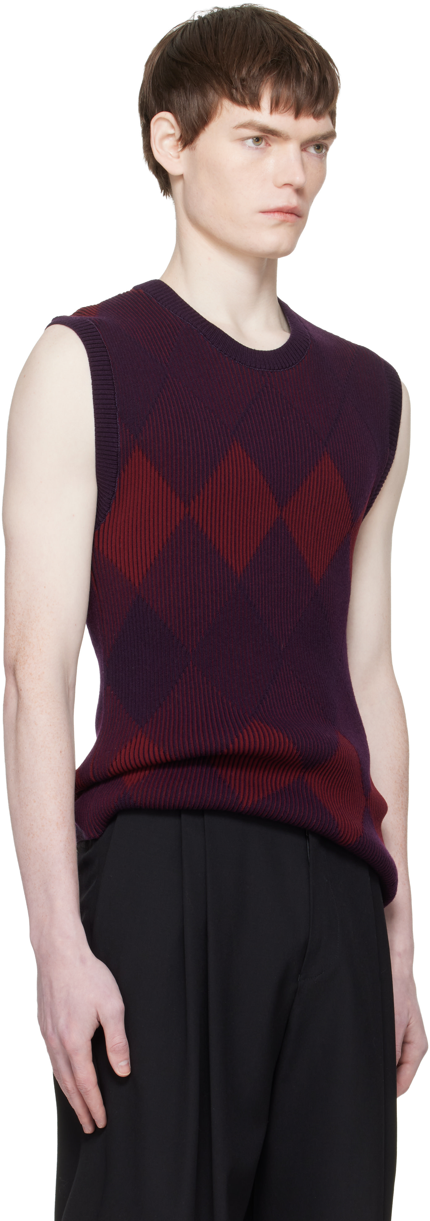 DRIES VAN NOTEN ニットベスト クロップド丈 Dries Van Noten: レッド＆パープル アーガイル ニットベスト | SSENSE