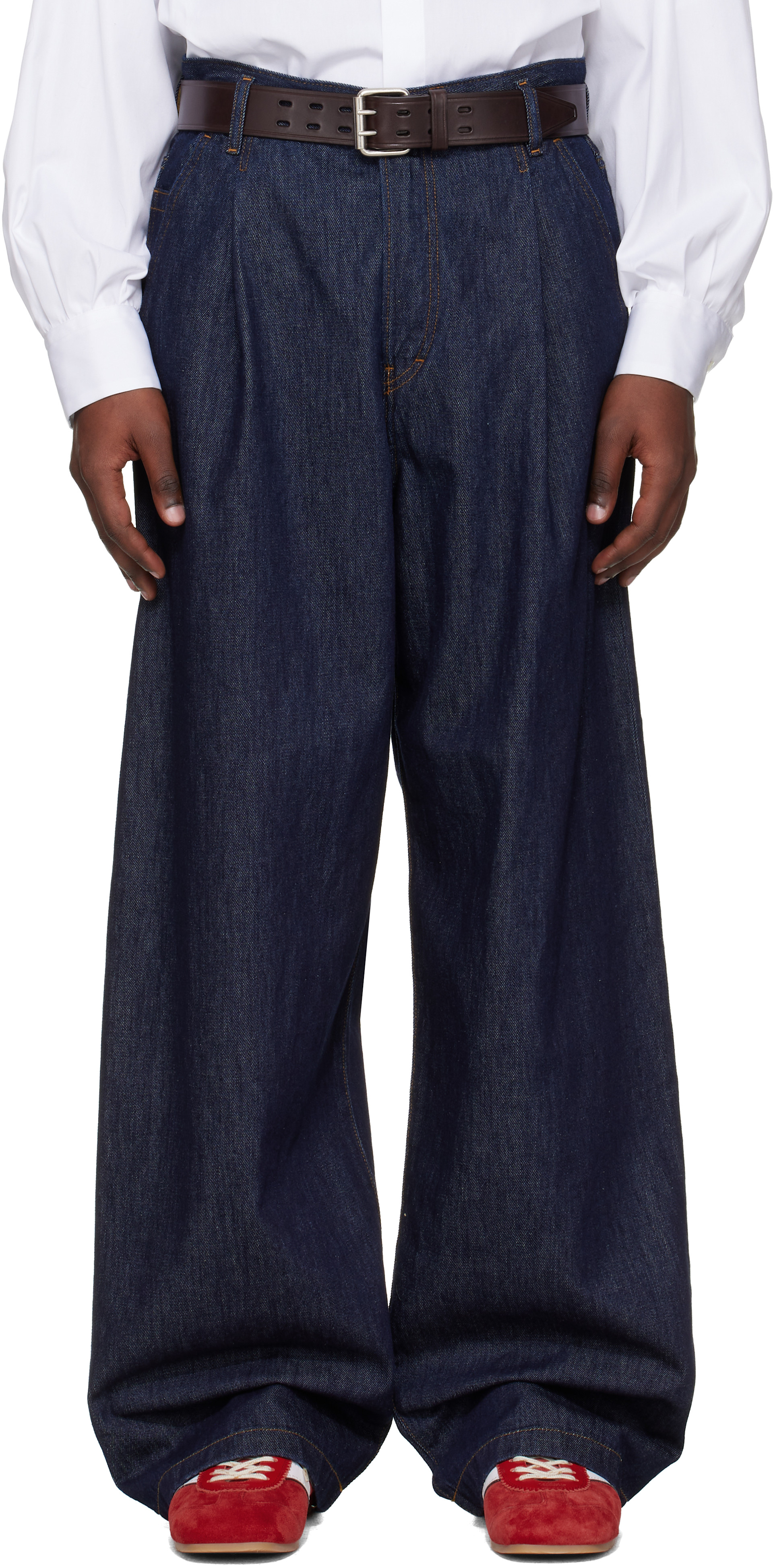 Dries Van Noten: Navy Pleated Jeans | SSENSE