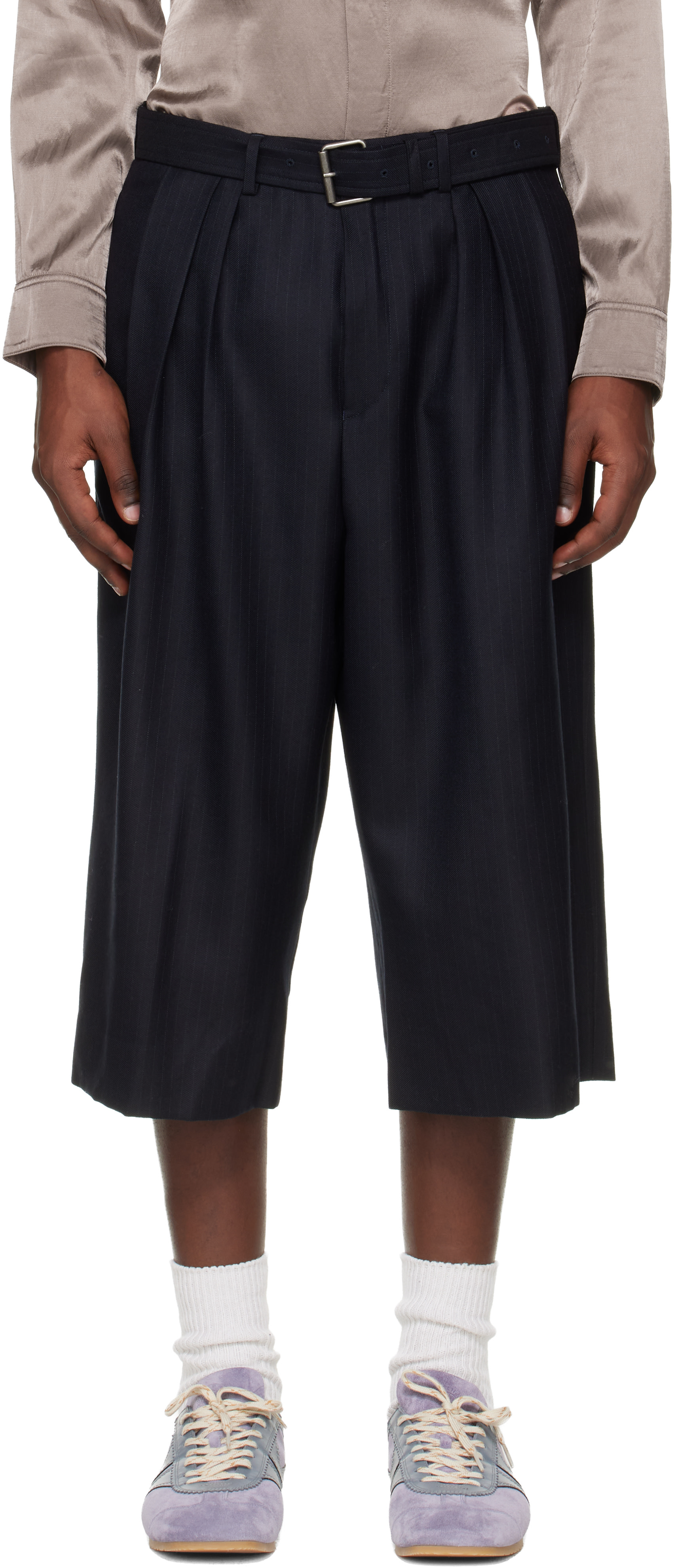 Dries Van Noten - ネイビー Belted Light Wool ショートパンツ