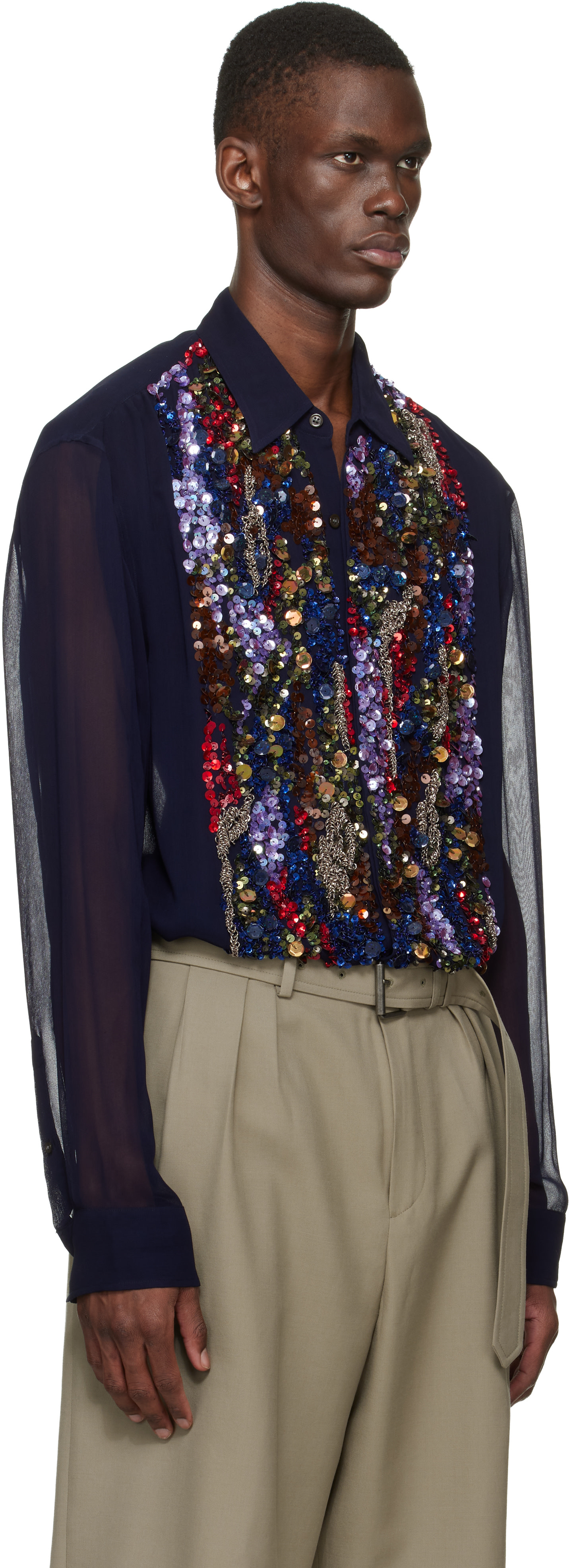 Dries Van Noten - 네이비 시퀸 셔츠