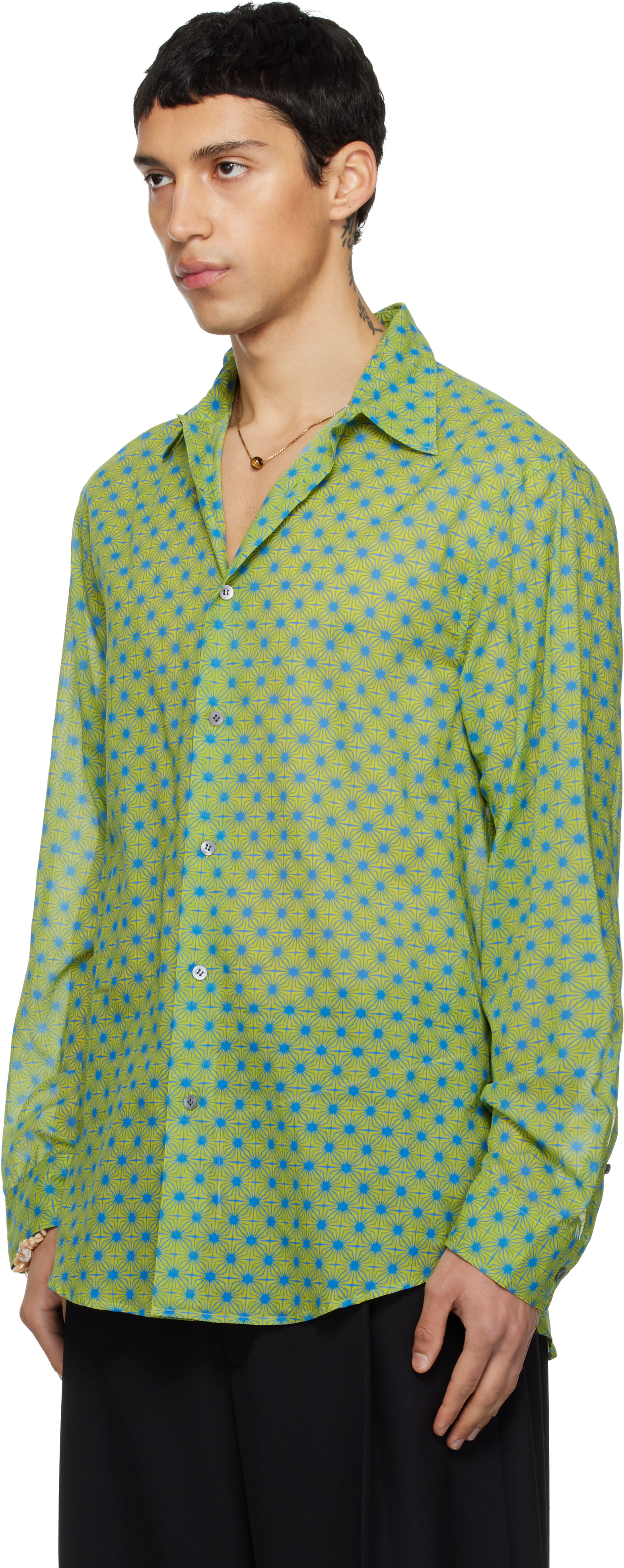 Dries Van Noten: Green & Blue Printed Cotton Shirt | SSENSE