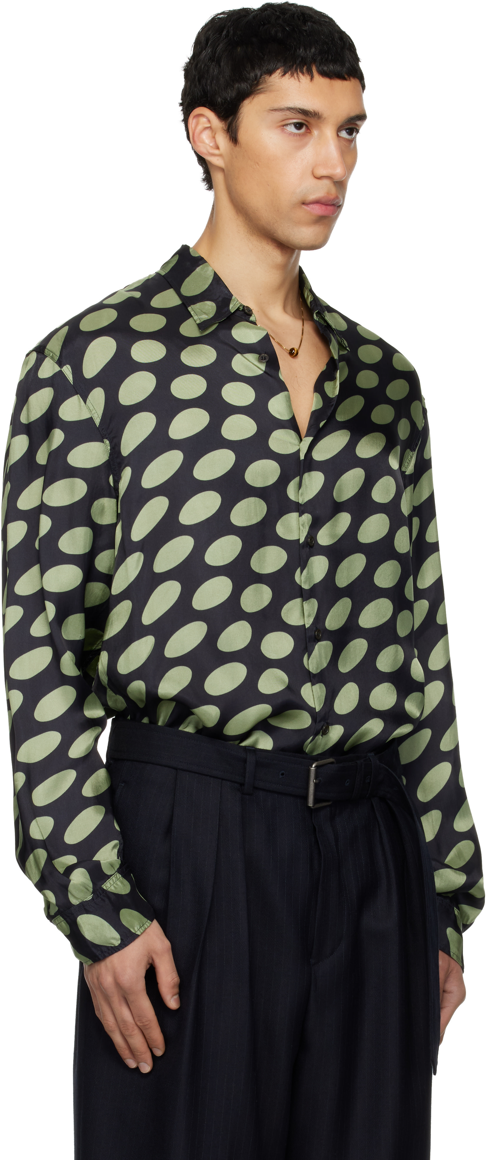 【美しいシルエット】DRIES VAN NOTEN オリーブグリーン長袖シャツ Dries Van Noten: ブラック＆グリーン 水玉 サテン シャツ | SSENSE 日本