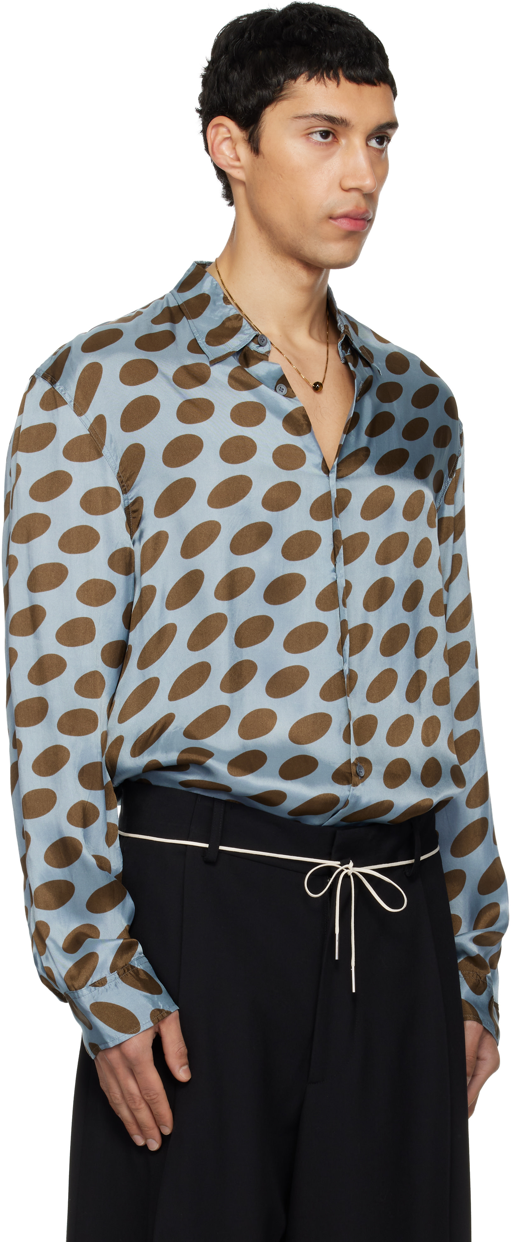 Dries Van Noten: Blue & Brown Polka-Dot Satin Shirt | SSENSE