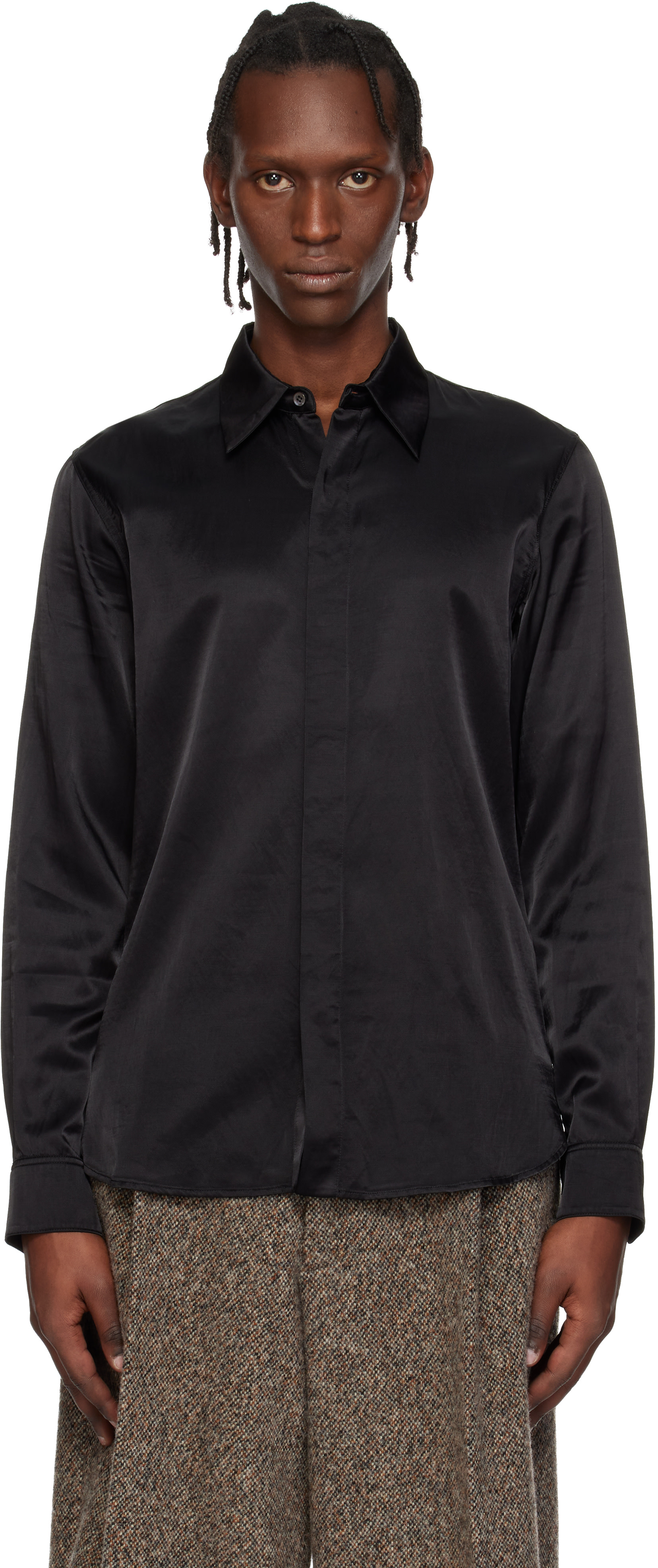 dries van noten シルクシャツ　2022SS Dries Van Noten: Black Satin Shirt | SSENSE