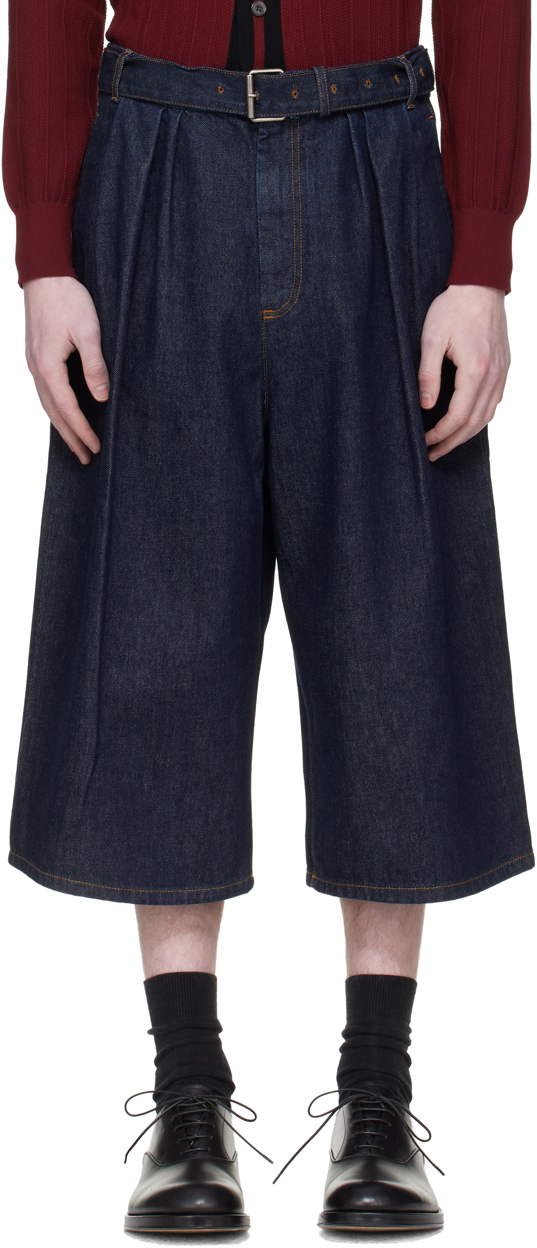 Dries Van Noten: Navy Pleated Denim Shorts | SSENSE
