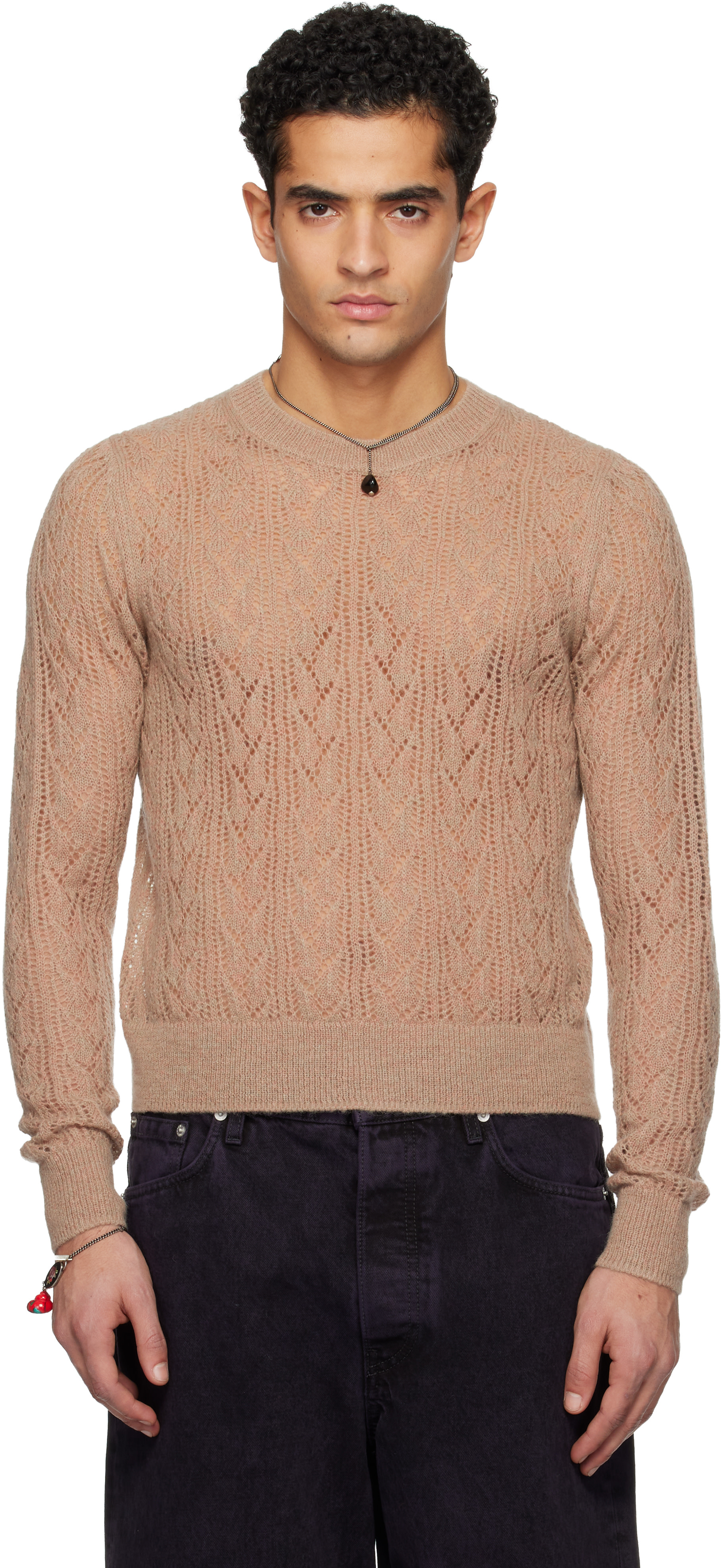 Dries Van Noten: Taupe Lace Stitch Alpaca Sweater | SSENSE