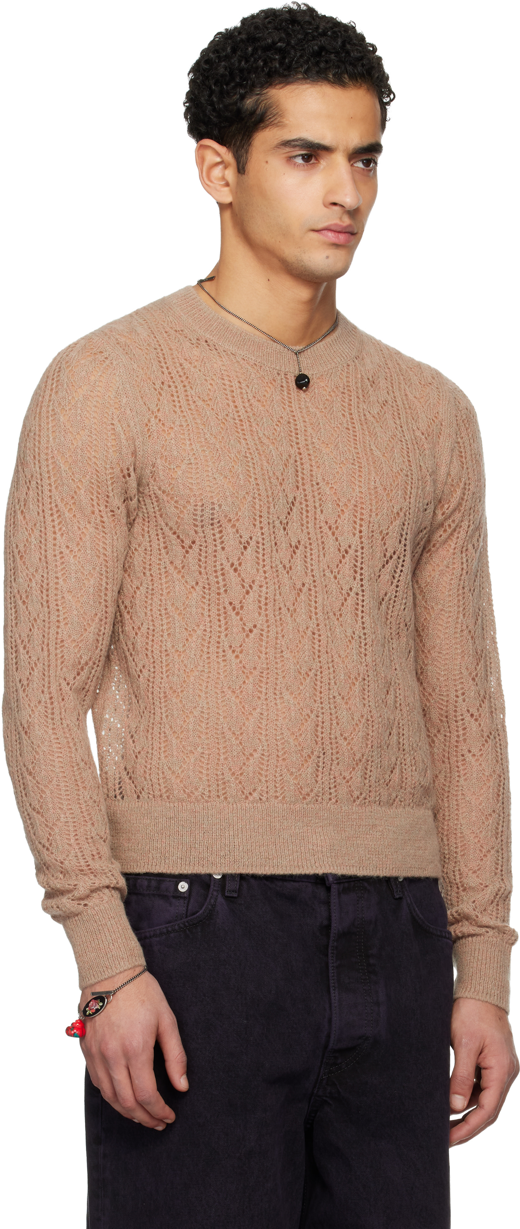 Dries Van Noten: Taupe Lace Stitch Alpaca Sweater | SSENSE