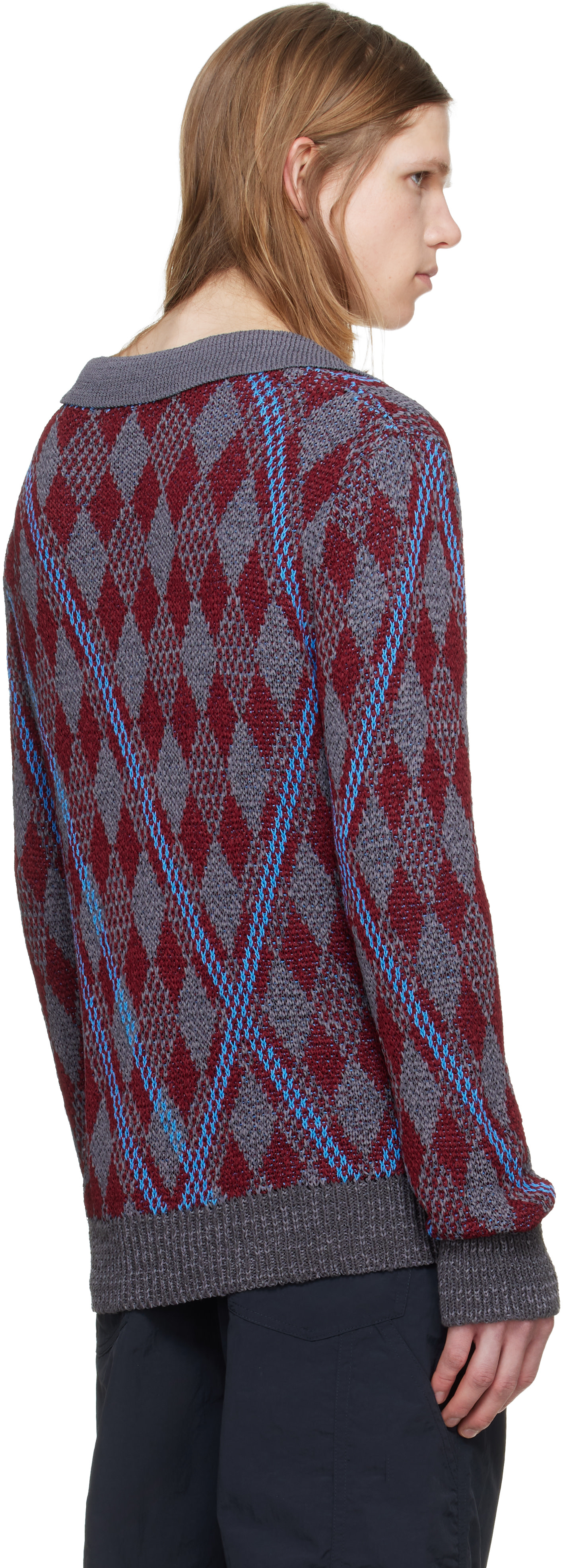 Dries Van Noten: バーガンディ＆グレー Argyle ニットポロシャツ