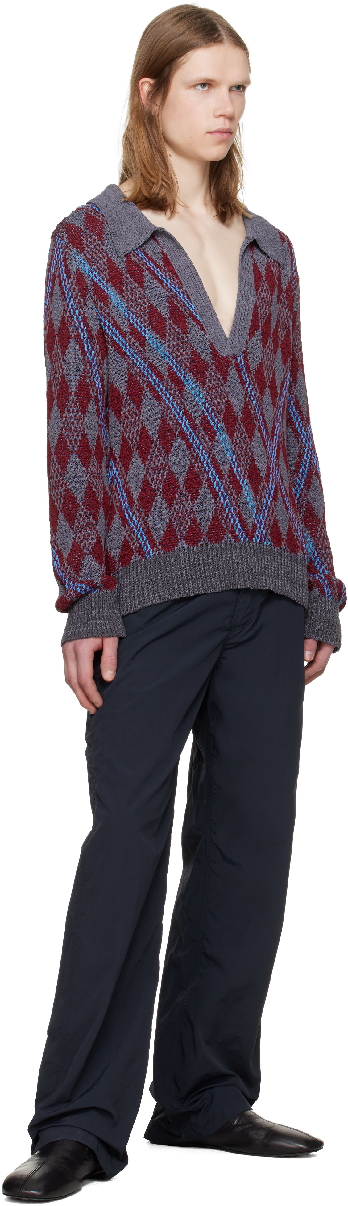 Dries Van Noten: バーガンディ＆グレー Argyle ニットポロシャツ