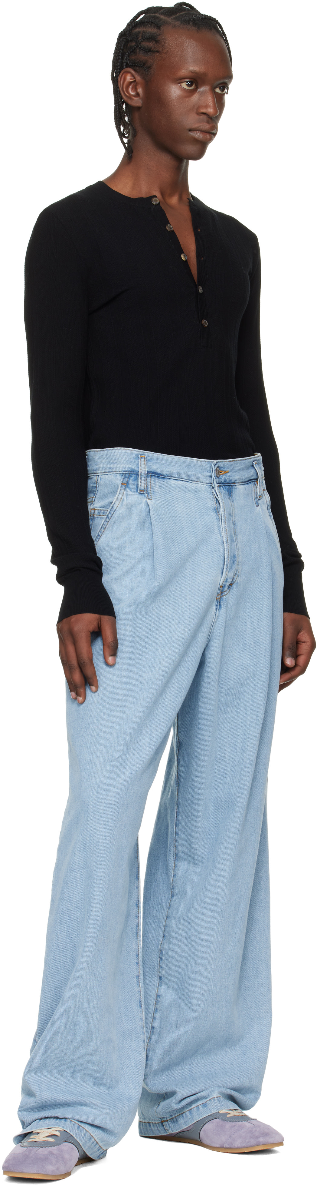 Dries Van Noten: ブラック リブ ヘンリーネック トップス | SSENSE 日本