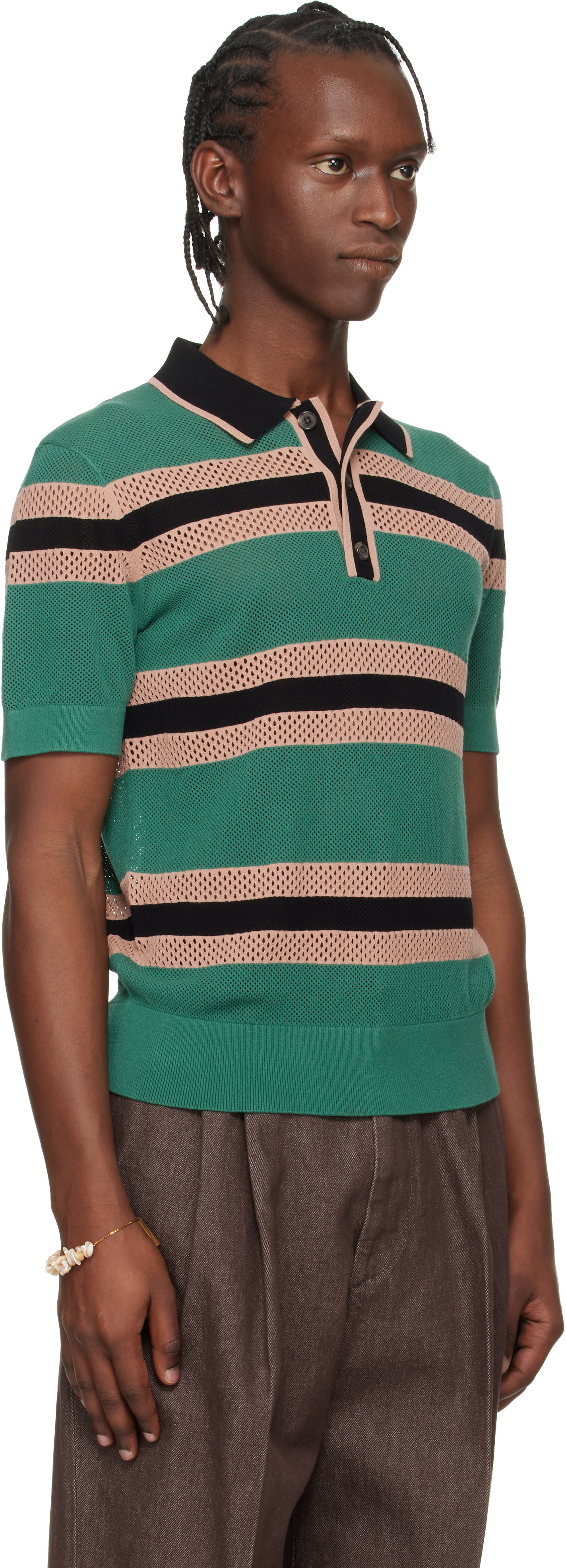 DRIES VAN NOTEN “STRIPE SWEATER POLO” Dries Van Noten: Green & Pink Striped Polo | SSENSE