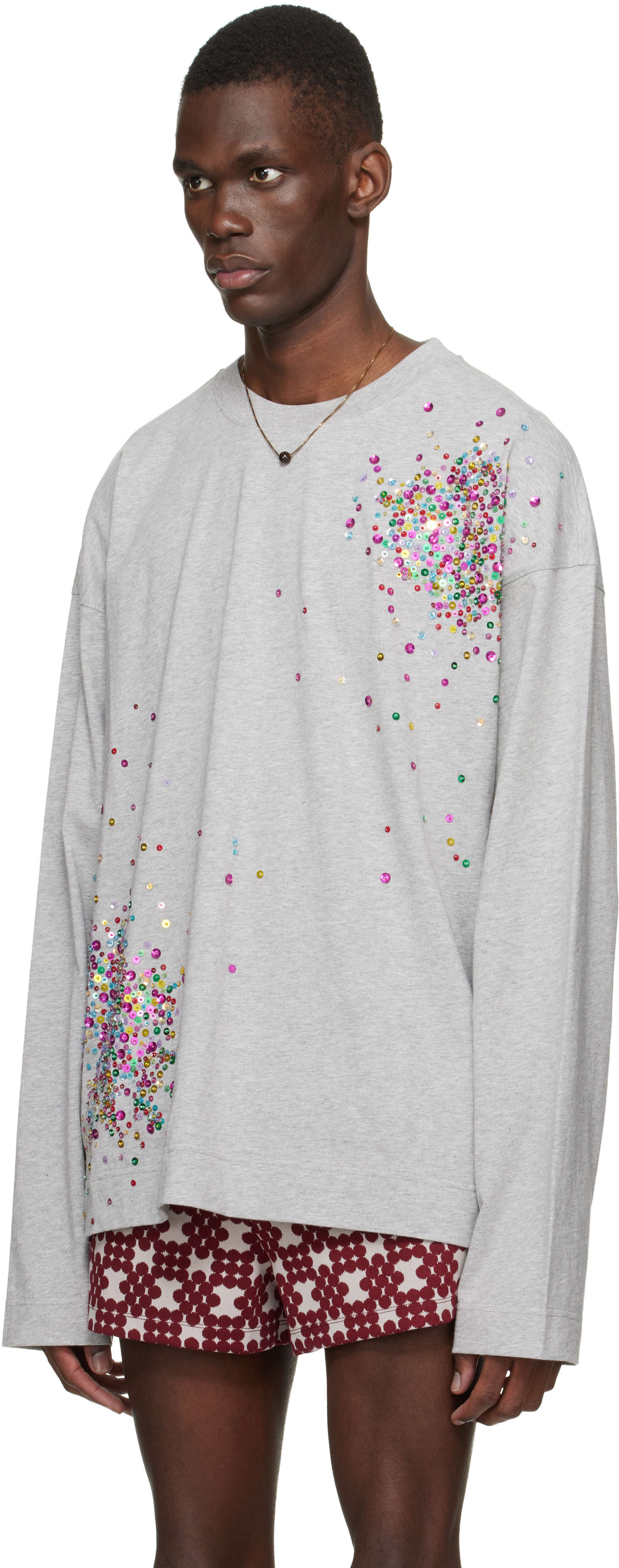 Dries Van Noten: Gray Embellished Long Sleeve T-shirt | SSENSE