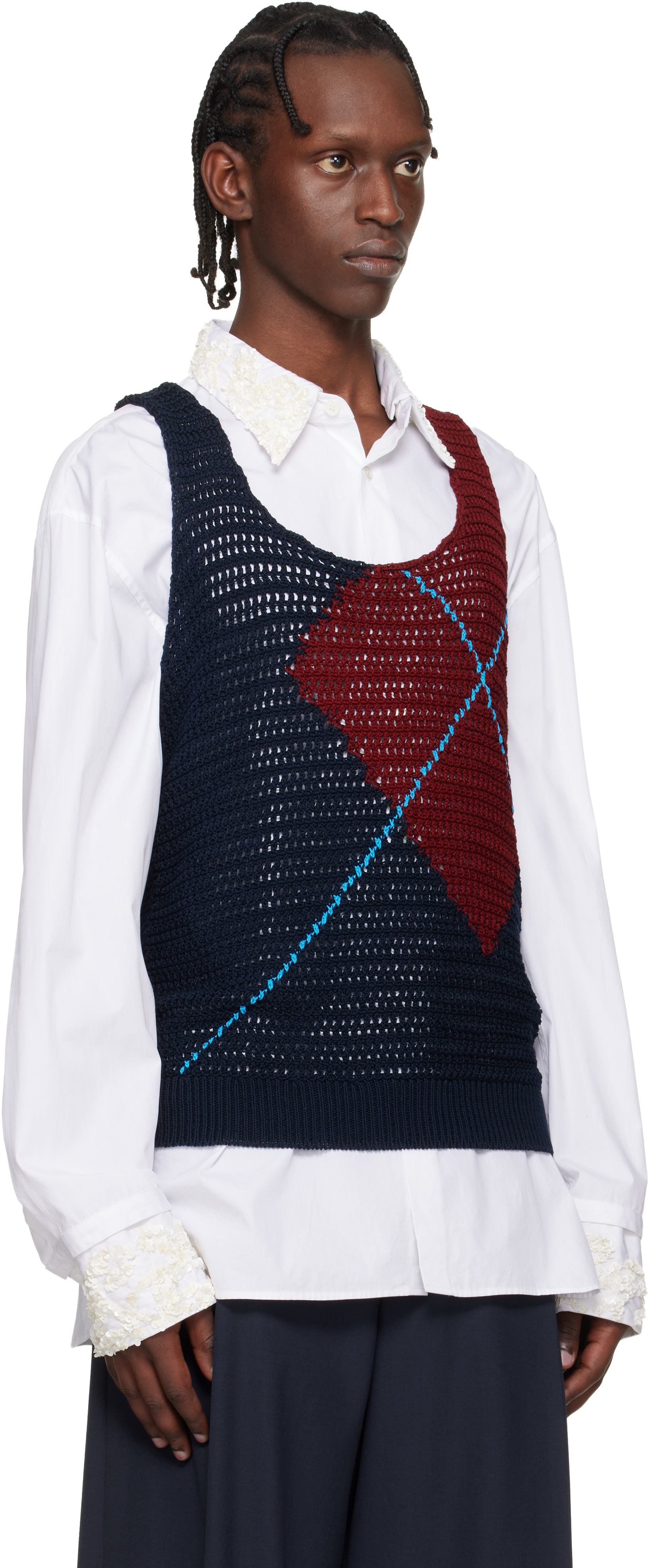 Dries Van Noten: Navy & Burgundy Argyle Tank Top | SSENSE