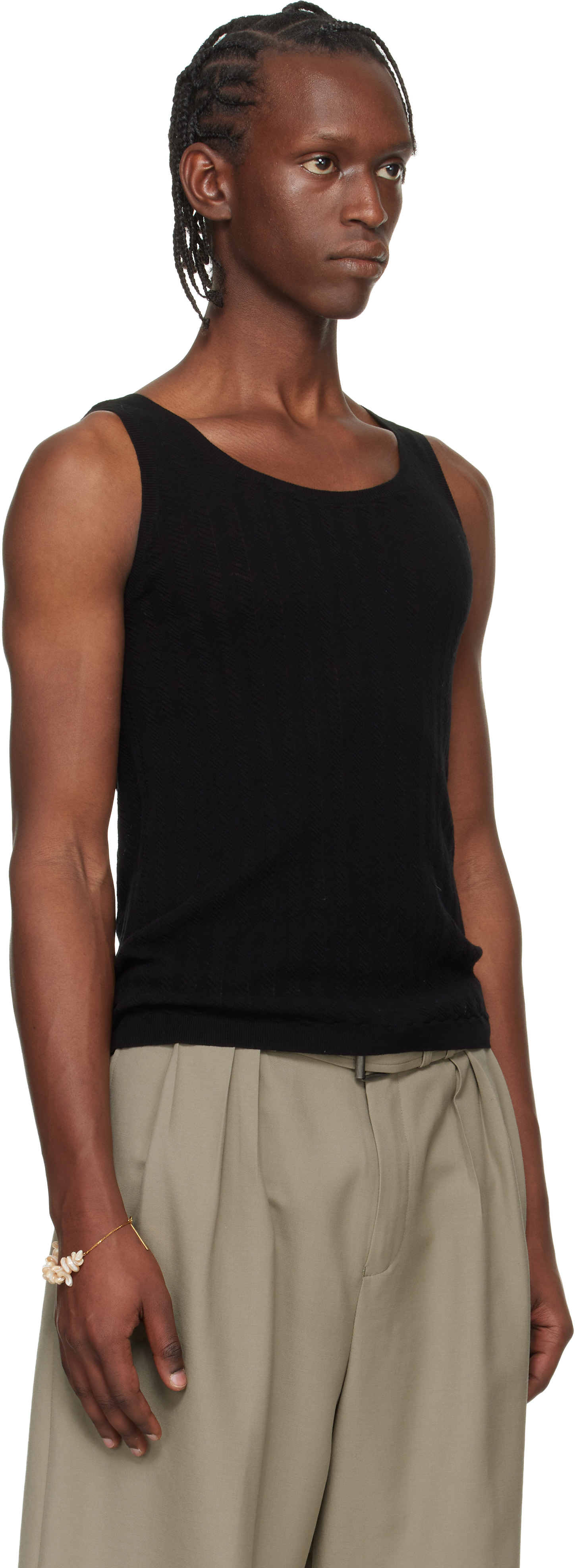 dries van noten レイヤードタンクトップ Dries Van Noten: Black Rib-Knit Tank Top | SSENSE