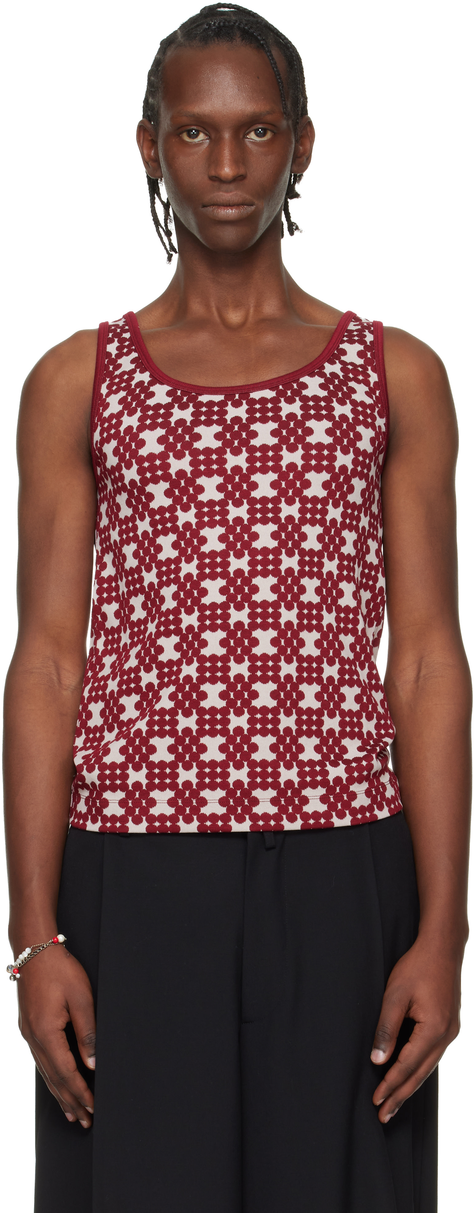 DRIES VAN NOTEN ジャガード 抽象柄 タンクトップ ベルギー製 Dries Van Noten: Off-White & Red Jacquard Tank Top | SSENSE
