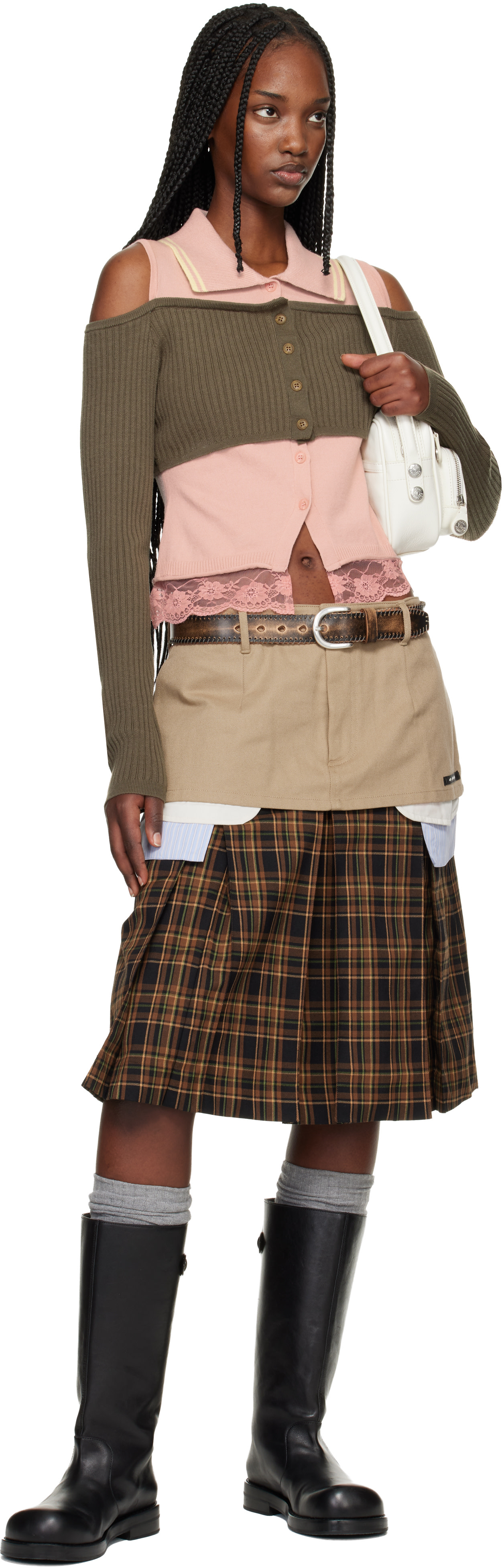 Andersson Bell: Pink & Khaki Layered Off-Shoulder Collar Cardigan 