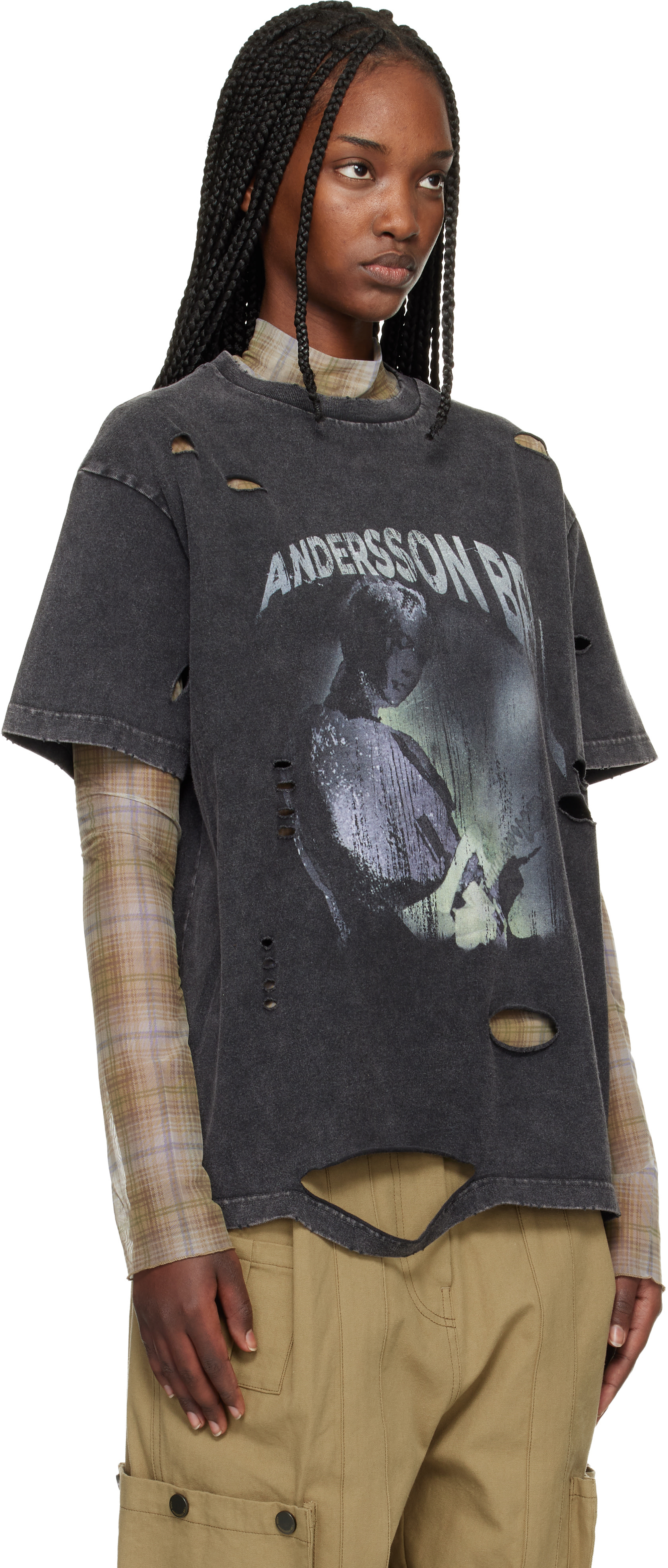 Andersson Bell: ブラック＆ベージュ Live Printed レイヤード Tシャツ