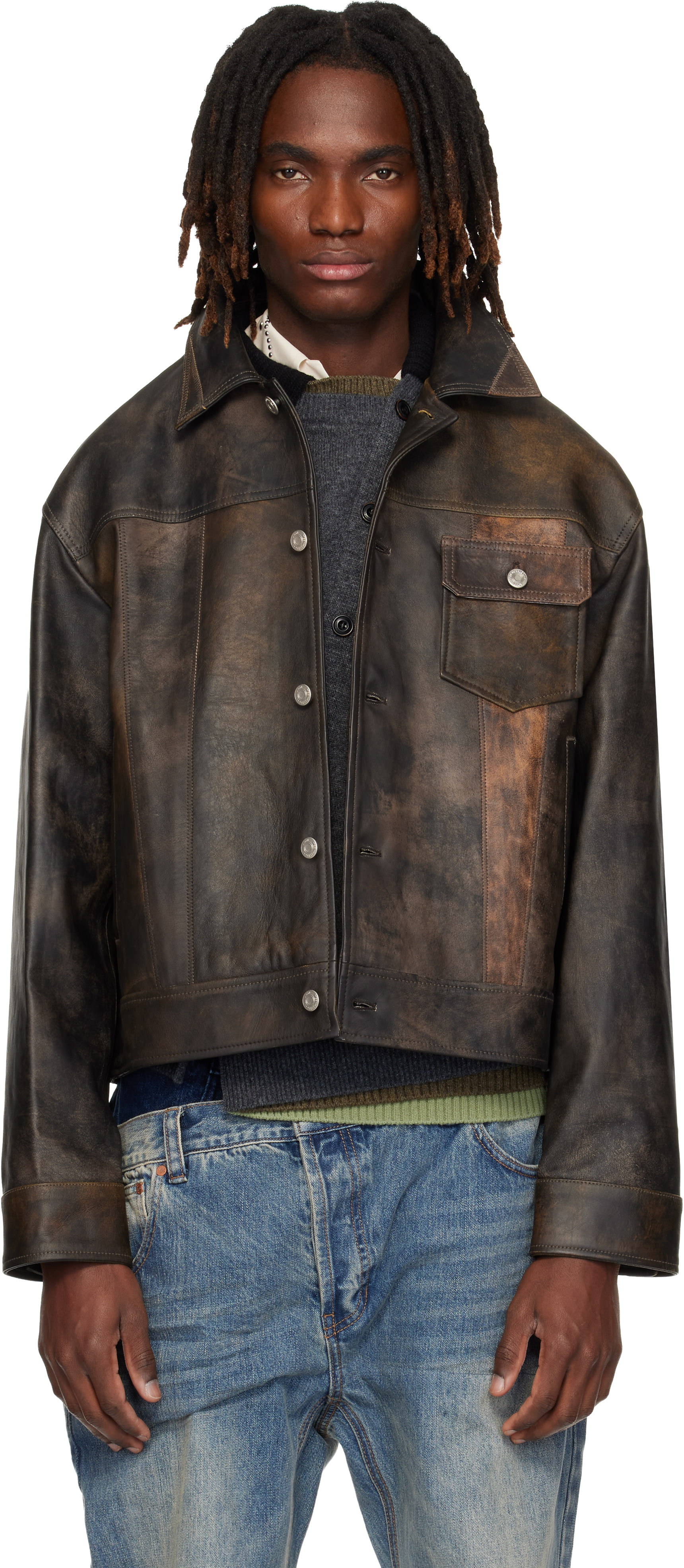 Andersson Bell - Blouson camionneur brun en cuir à patchwork