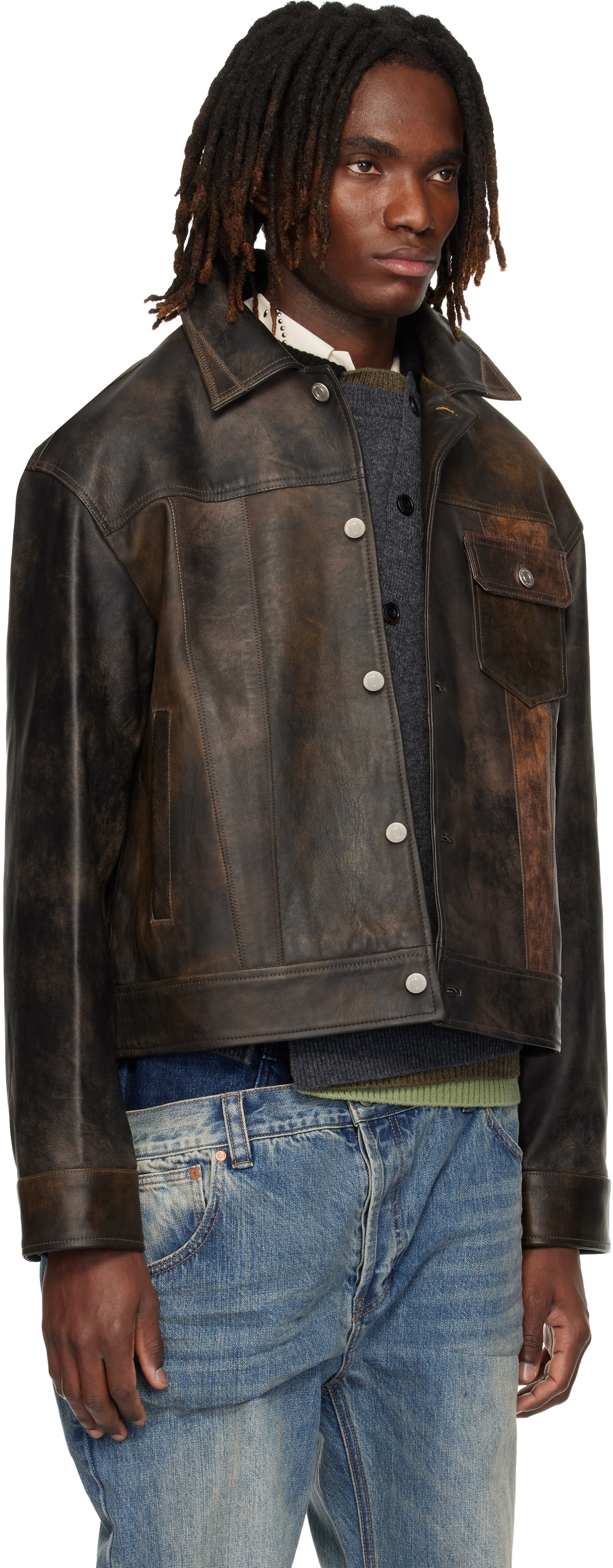 Andersson Bell - Blouson camionneur brun en cuir à patchwork