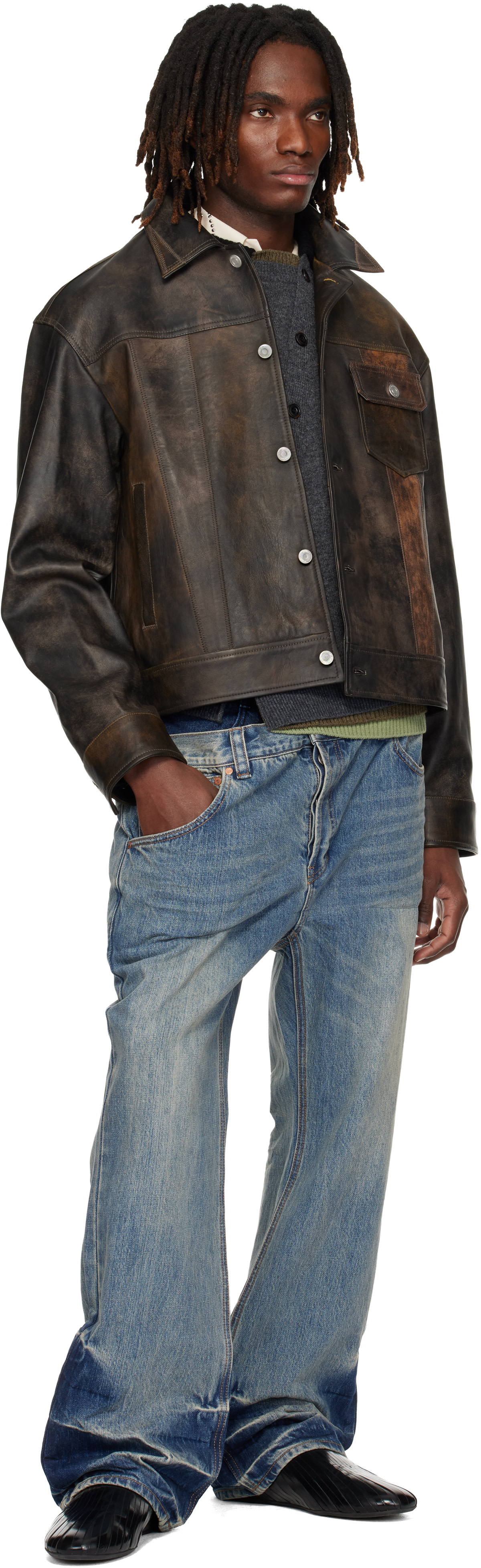 Andersson Bell - Blouson camionneur brun en cuir à patchwork