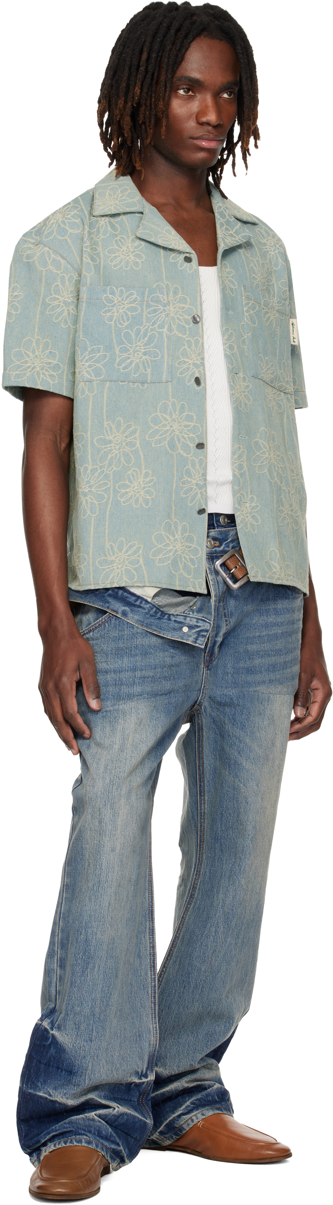 Andersson Bell: Blue Flower Embroidery Open Collar Denim Shirt