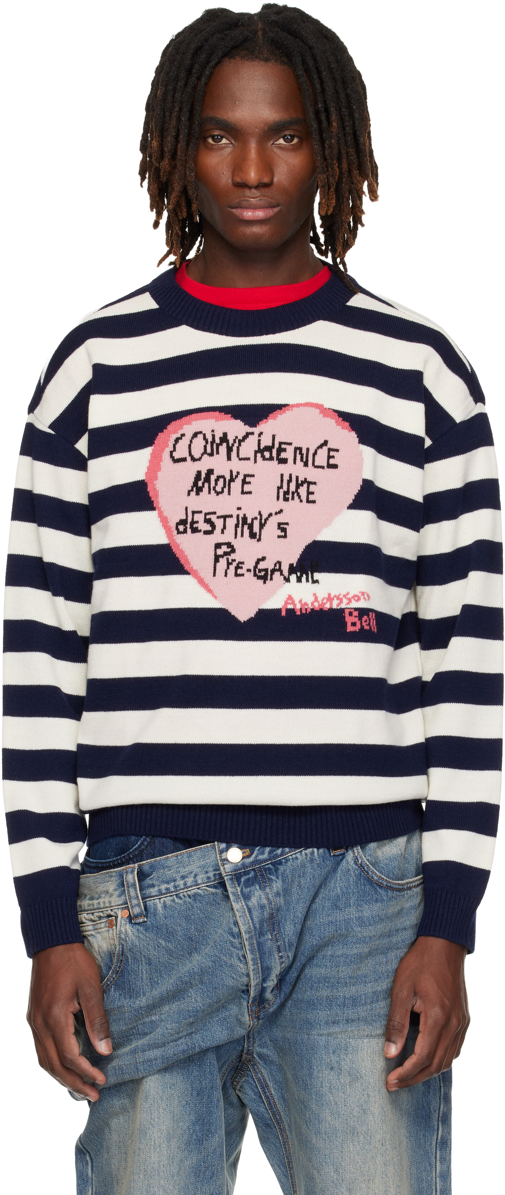 Andersson Bell: Navy & White Heart Message Crew-Neck Sweater | SSENSE