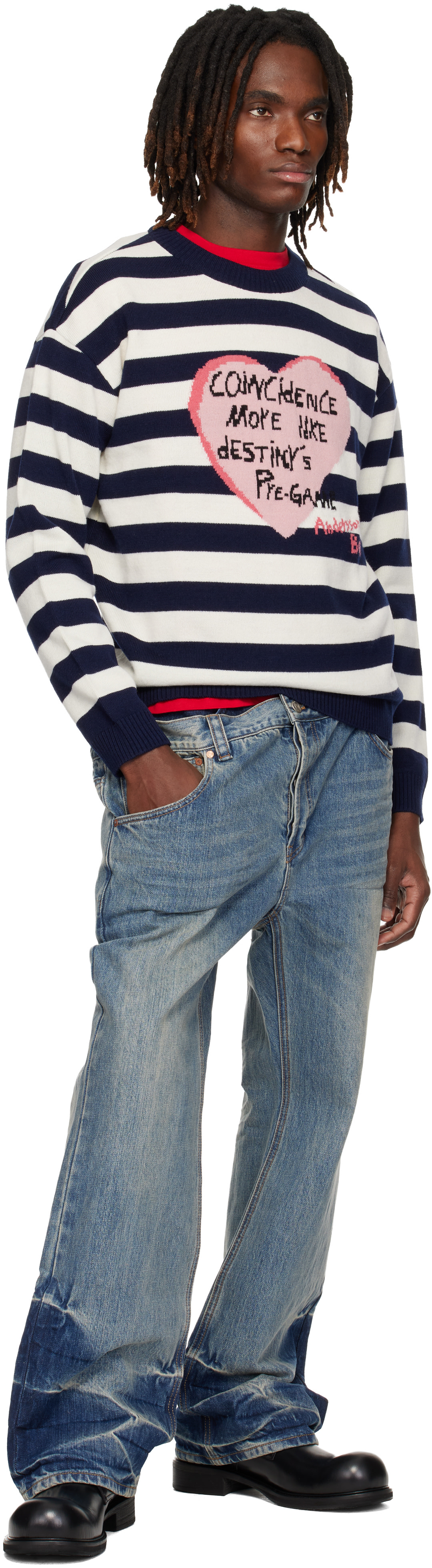 Andersson Bell: Navy & White Heart Message Crew-Neck Sweater | SSENSE