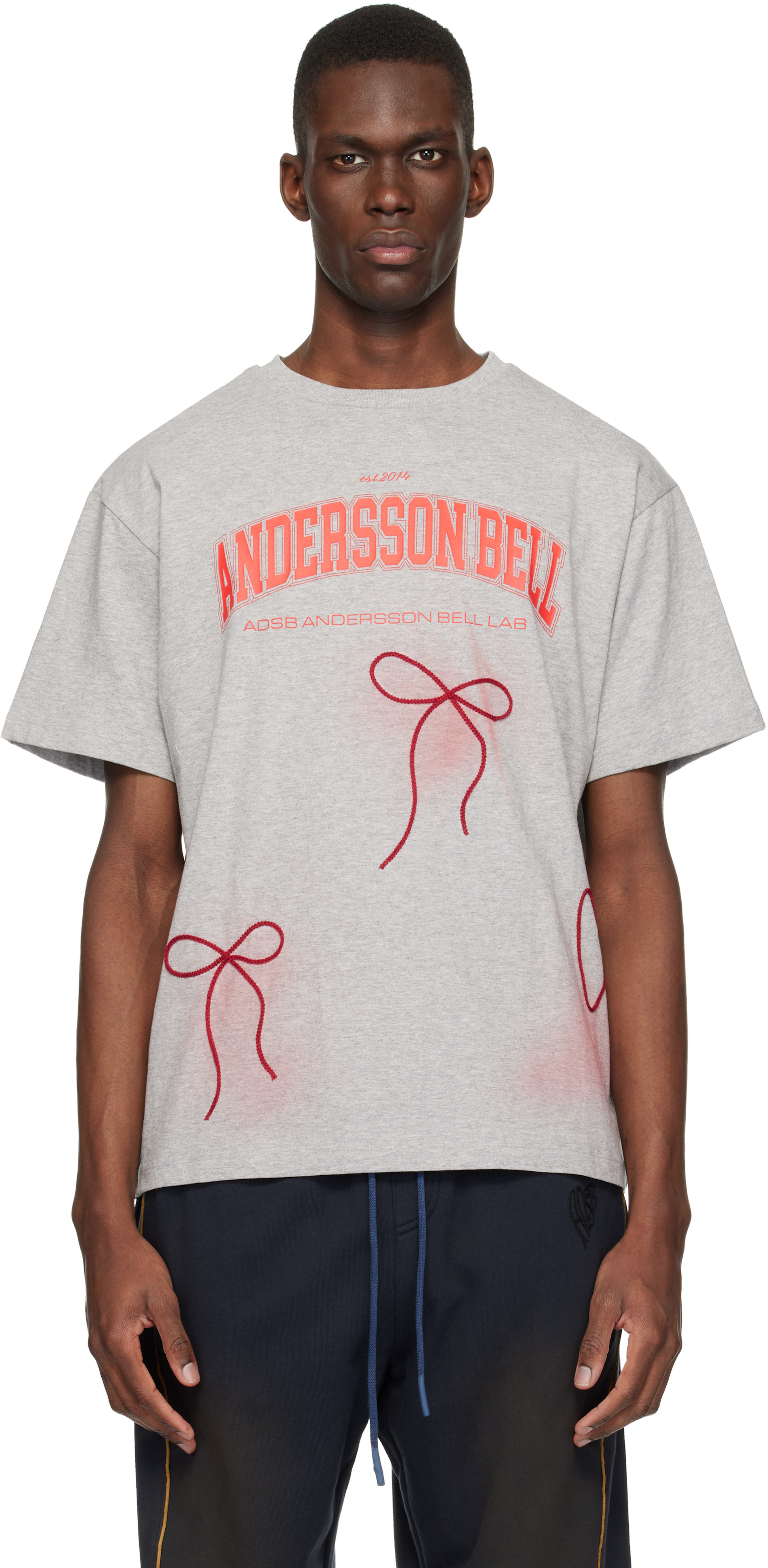 Andersson Bell: Gray Ribbon Embroidery Spray T-shirt | SSENSE Denmark