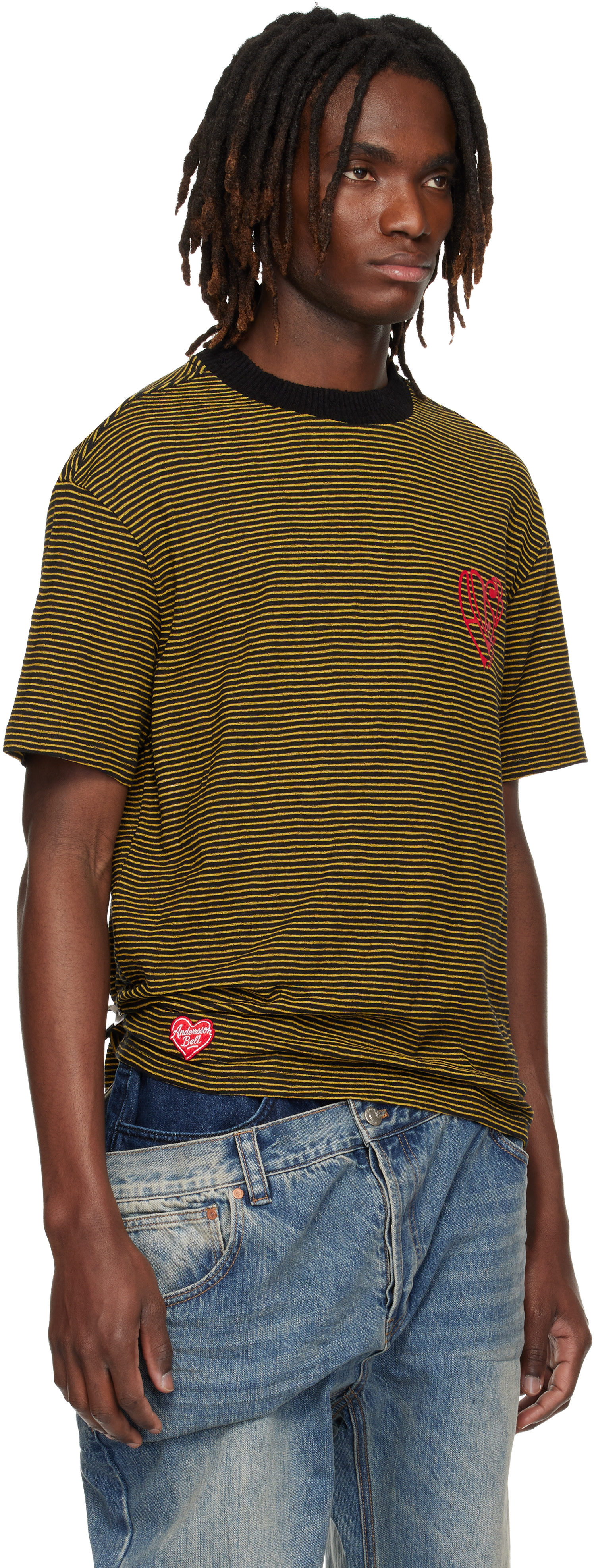 Andersson Bell: Black & Yellow Essential Heart Logo Stripe T-shirt