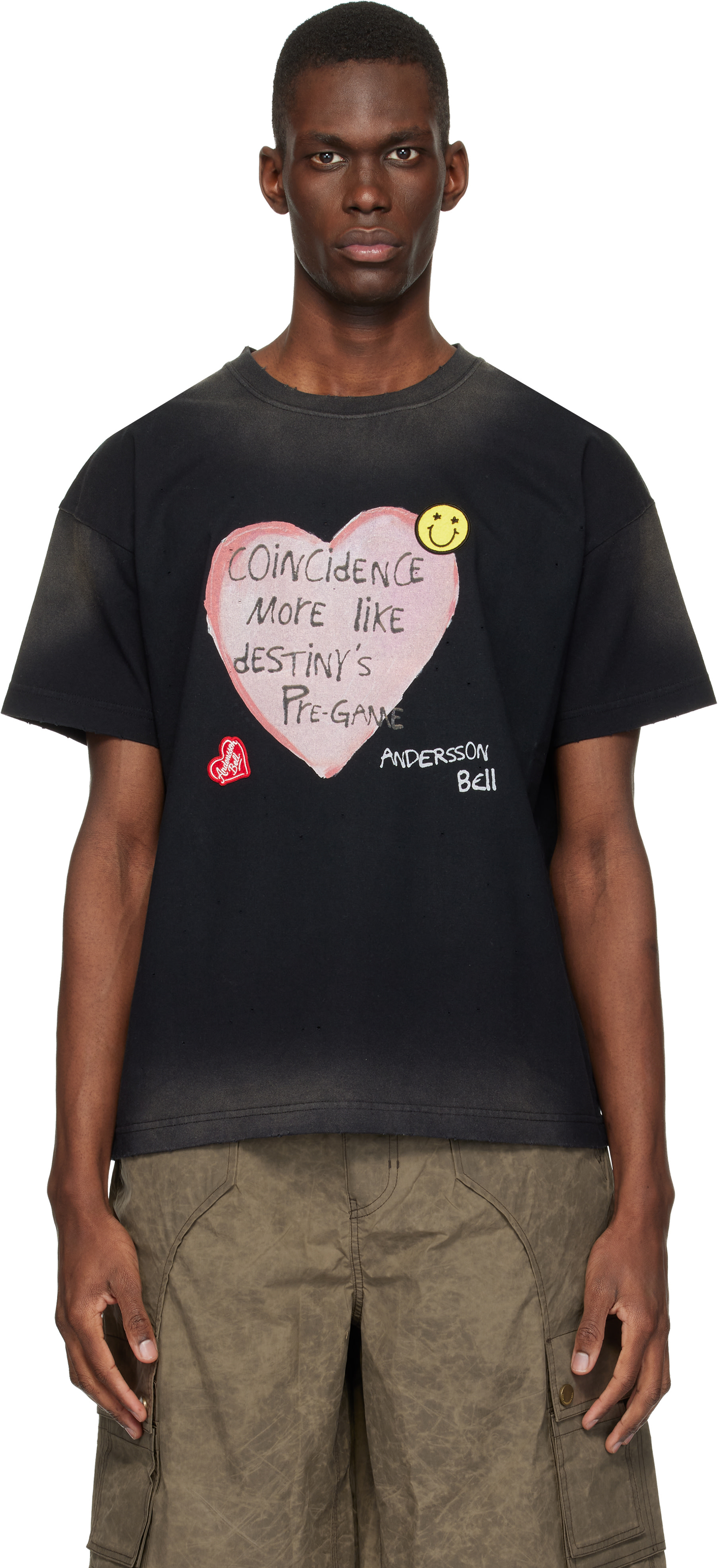 Andersson Bell: Black Essential Spray Wash Heart Message T-shirt