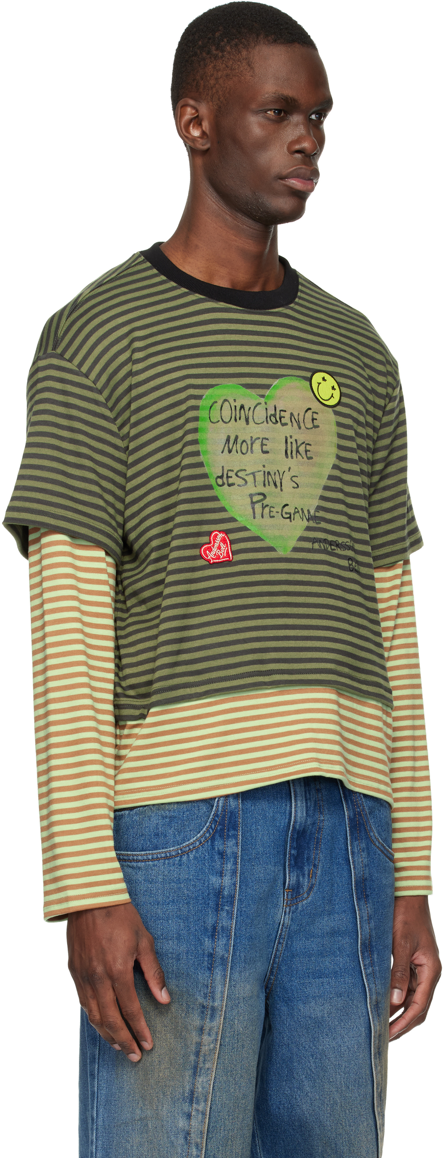 Andersson Bell: Khaki Essential Heart Message Stripe Layered LS T