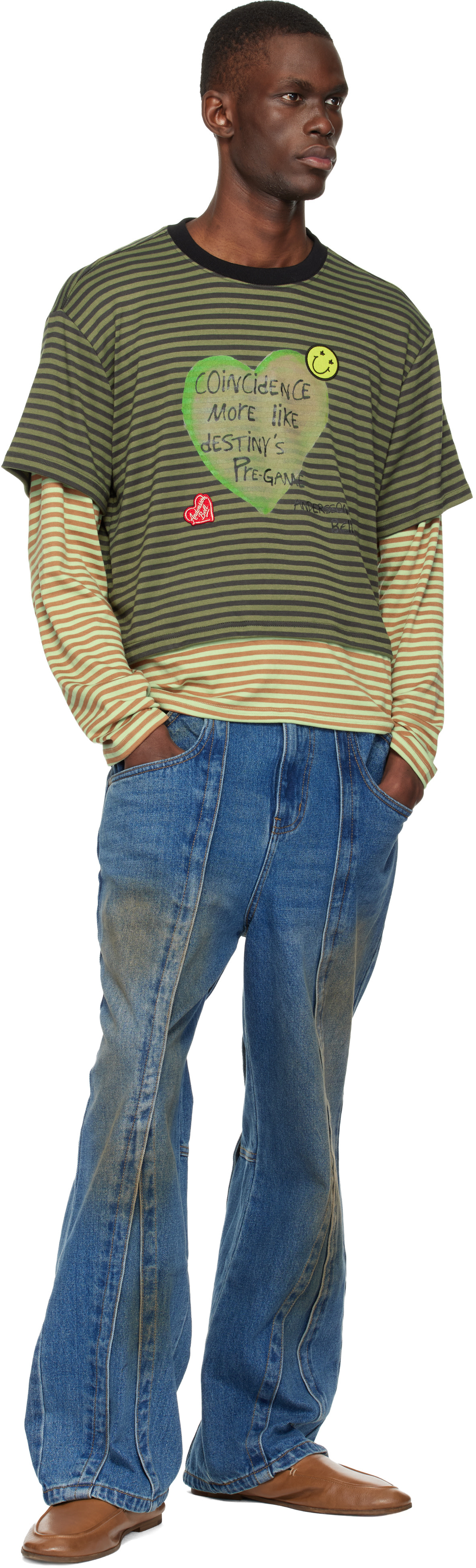 Andersson Bell: Khaki Essential Heart Message Stripe Layered LS T