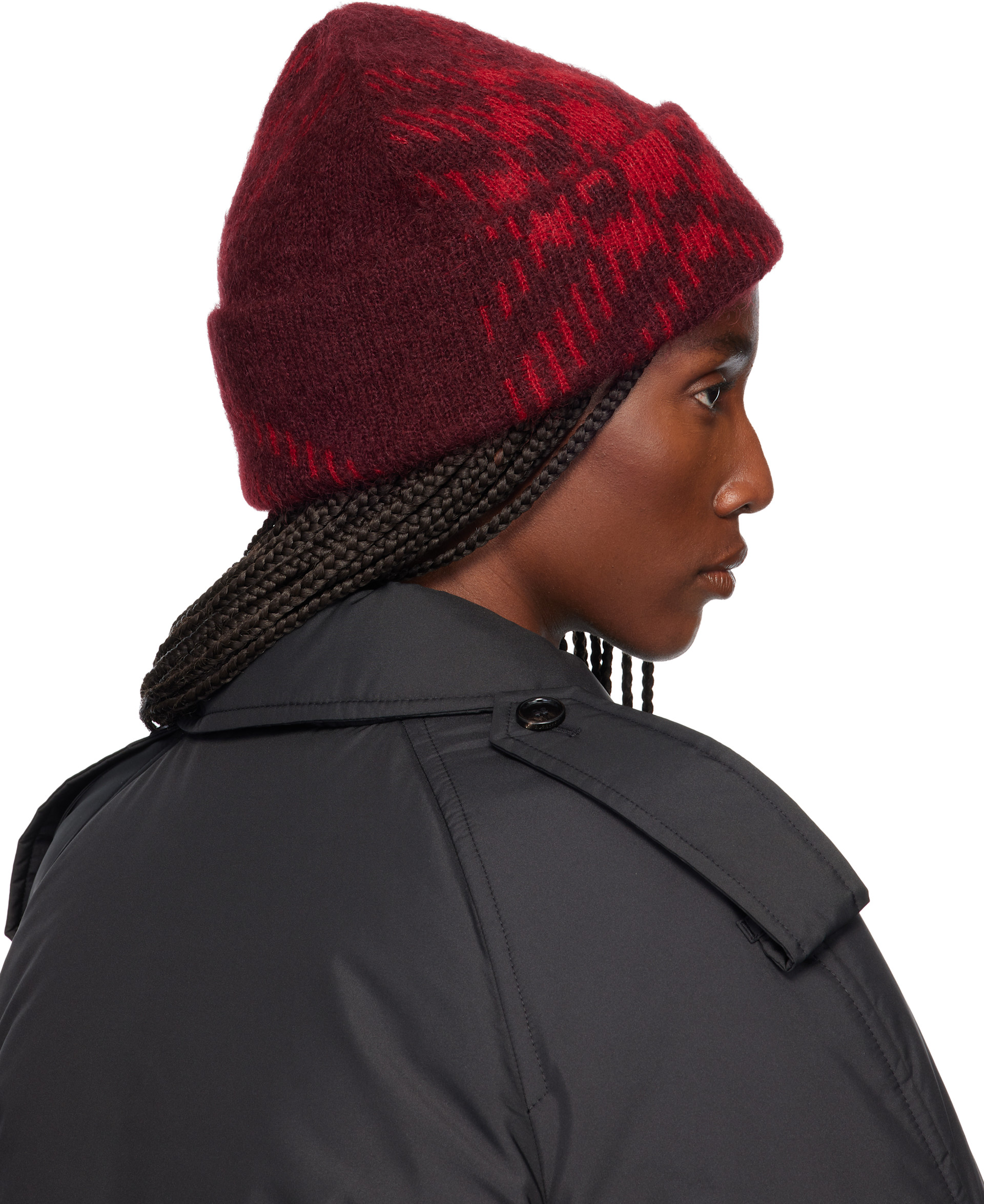 Burberry: Burgundy Check Mohair Wool-Blend Beanie | SSENSE display picture 1