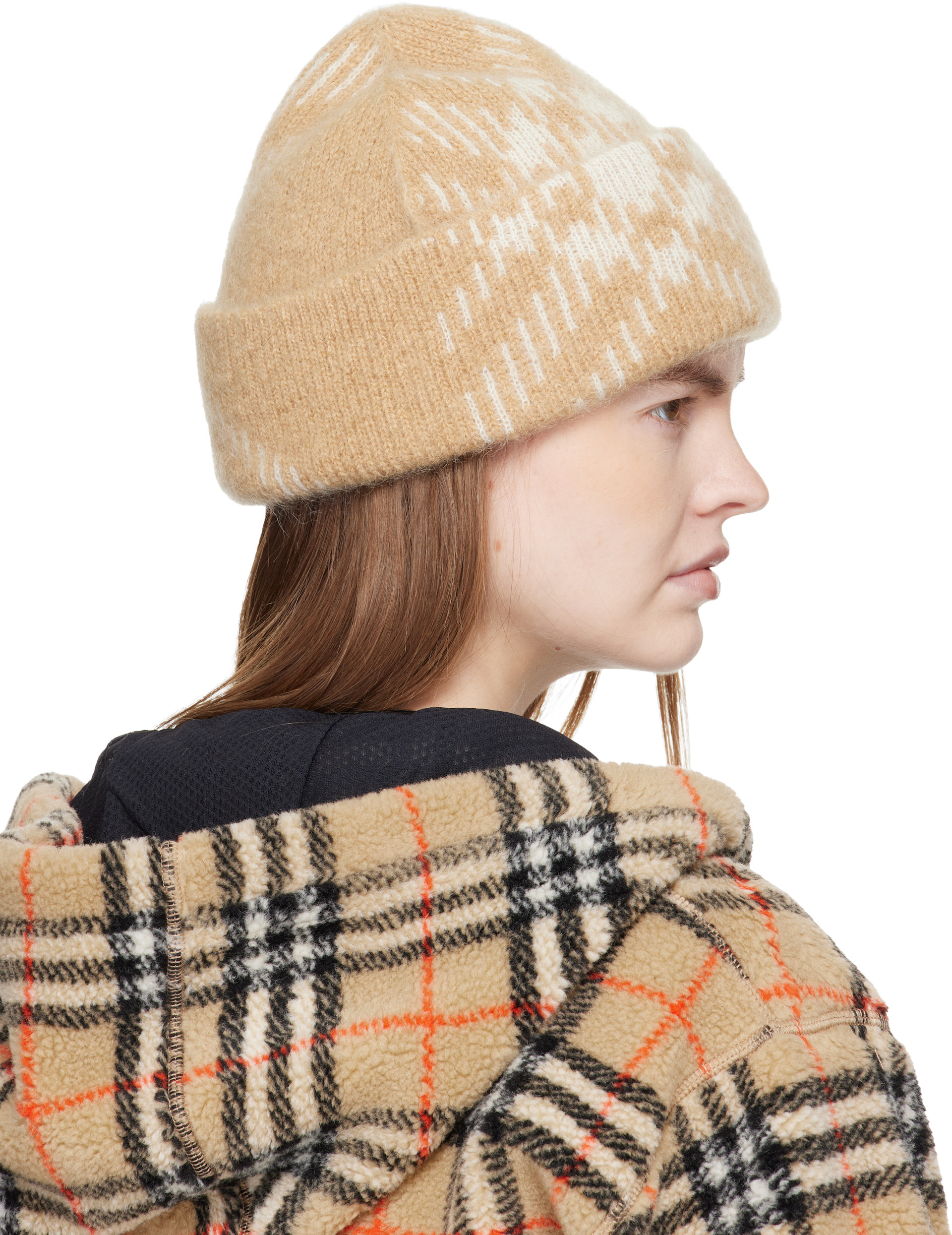 Burberry: Beige Check Mohair Wool Blend Beanie | SSENSE