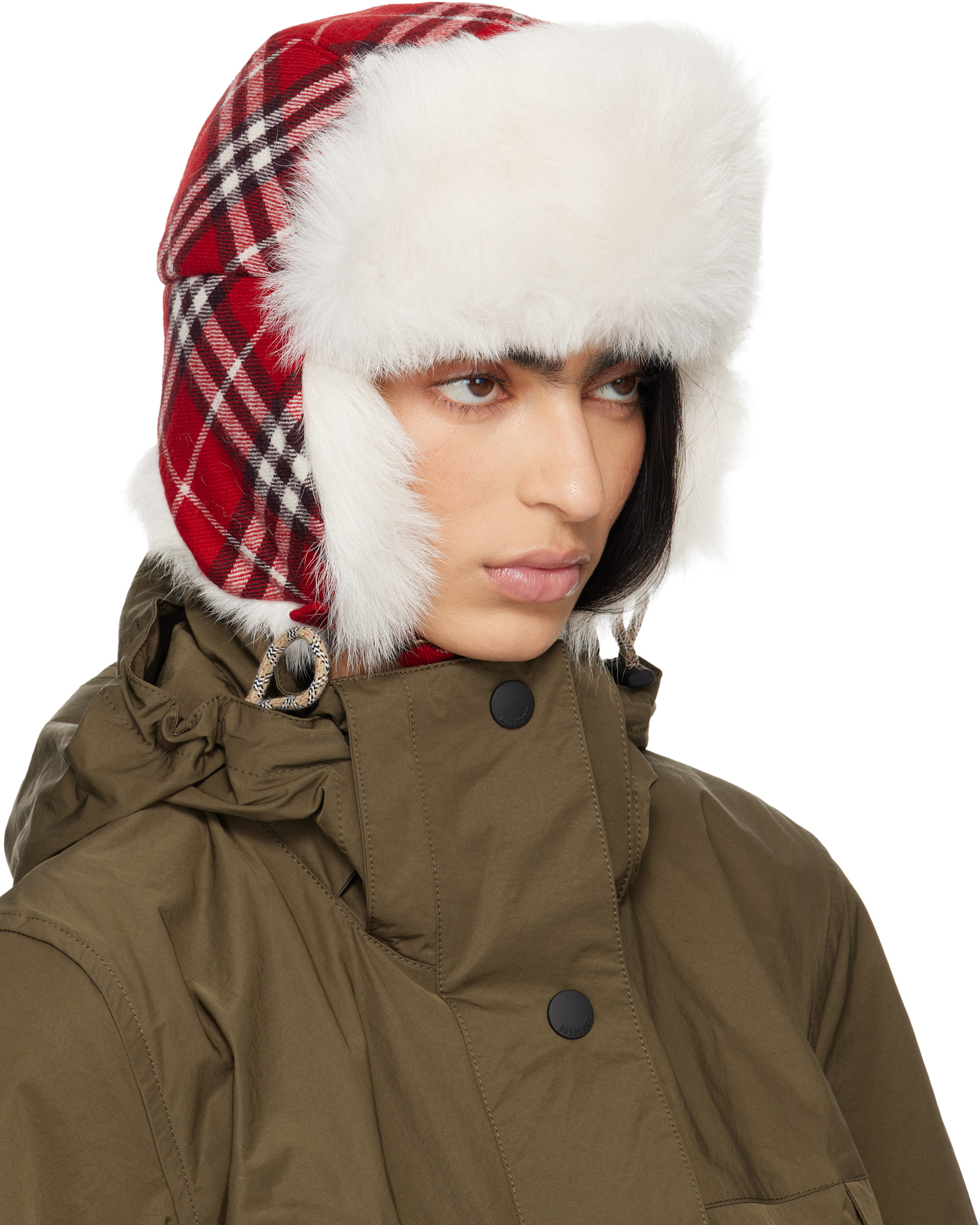 Hat Check Burberry: Red & Off-White Check Wool Trapper Hat | SSENSE Australia