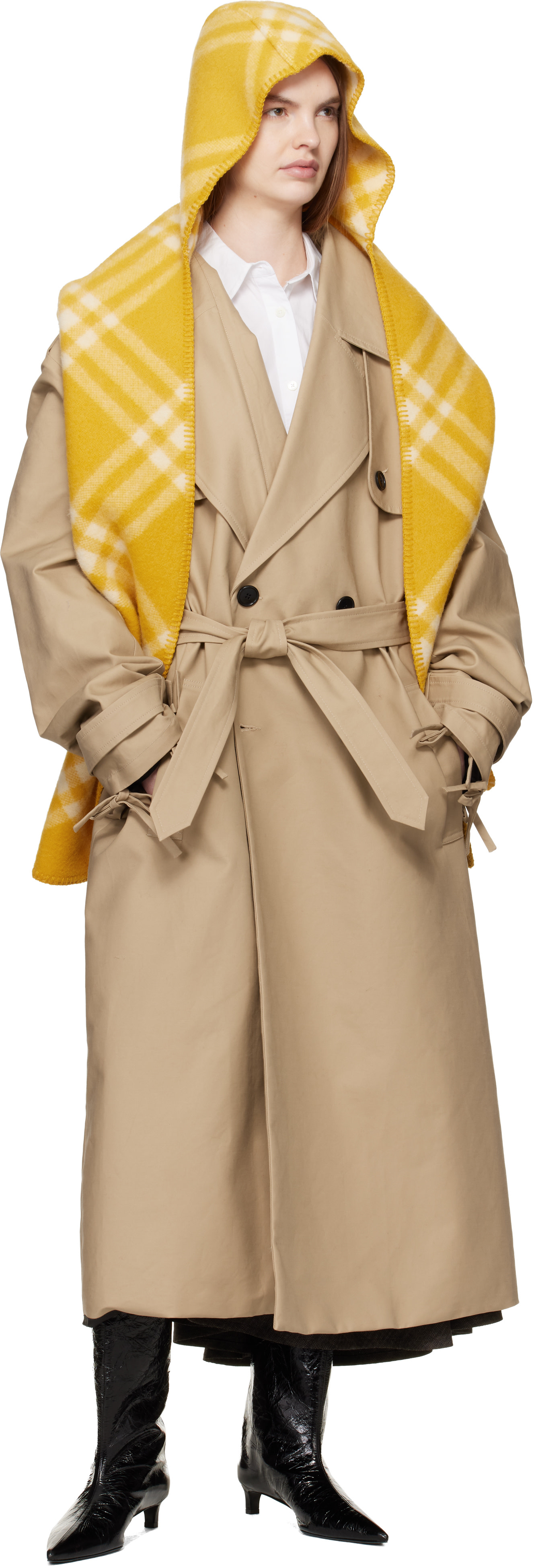 Burberry: Yellow Check Wool Hooded Scarf | SSENSE