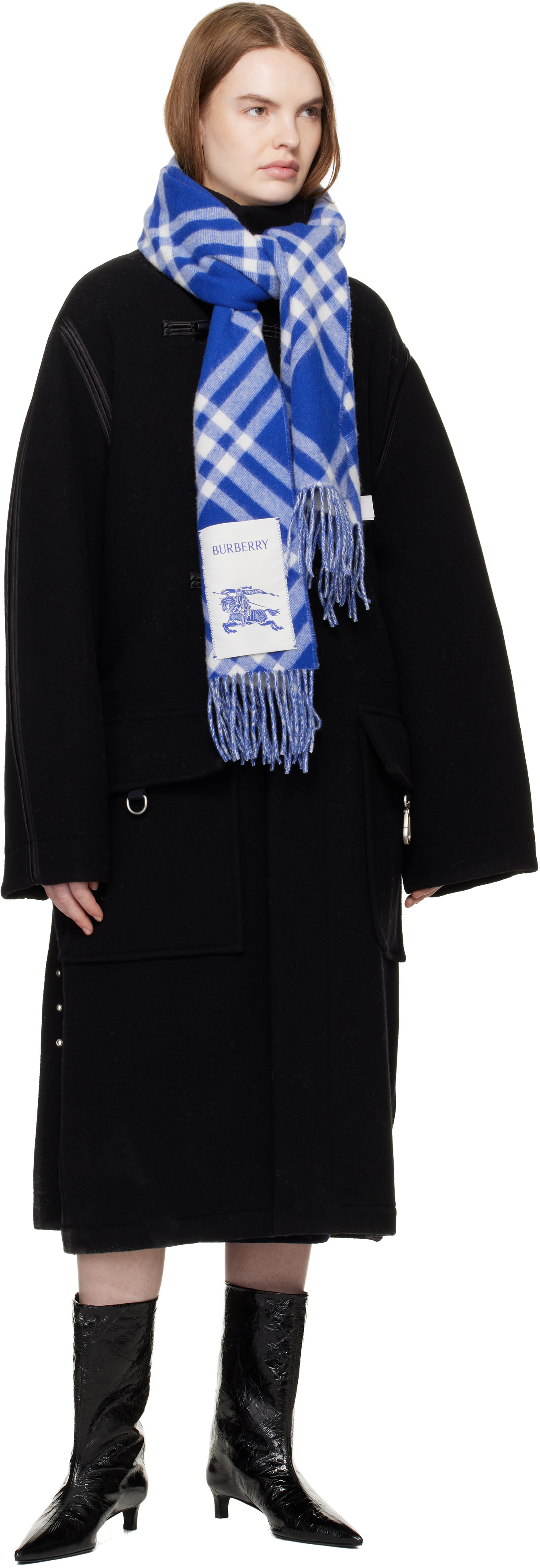 Burberry: ブルー＆ホワイト チェック カシミヤ マフラー | SSENSE 日本