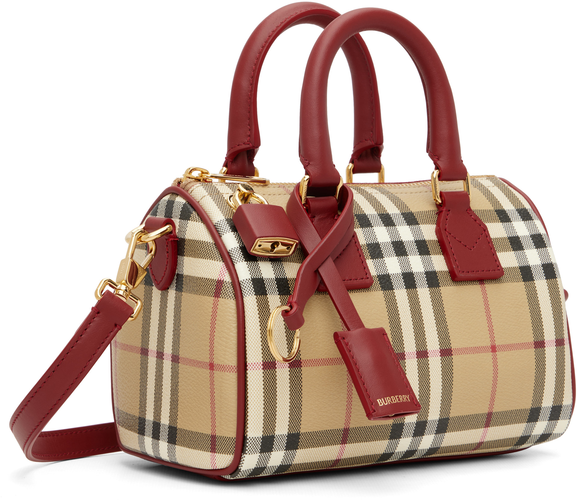 Burberry: ベージュ＆バーガンディ ミニ チェック ボウリング バッグ 