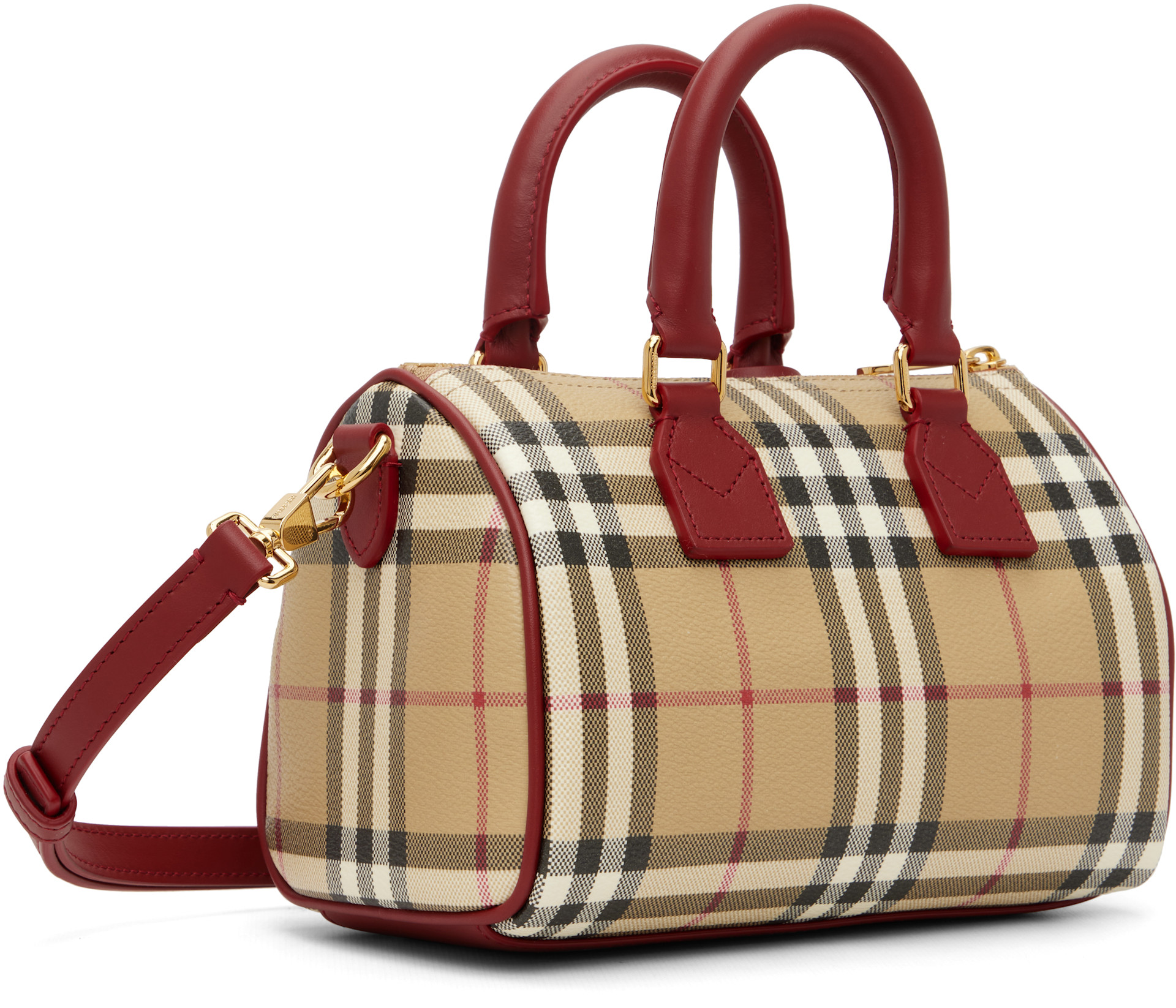 Burberry: ベージュ＆バーガンディ ミニ チェック ボウリング バッグ
