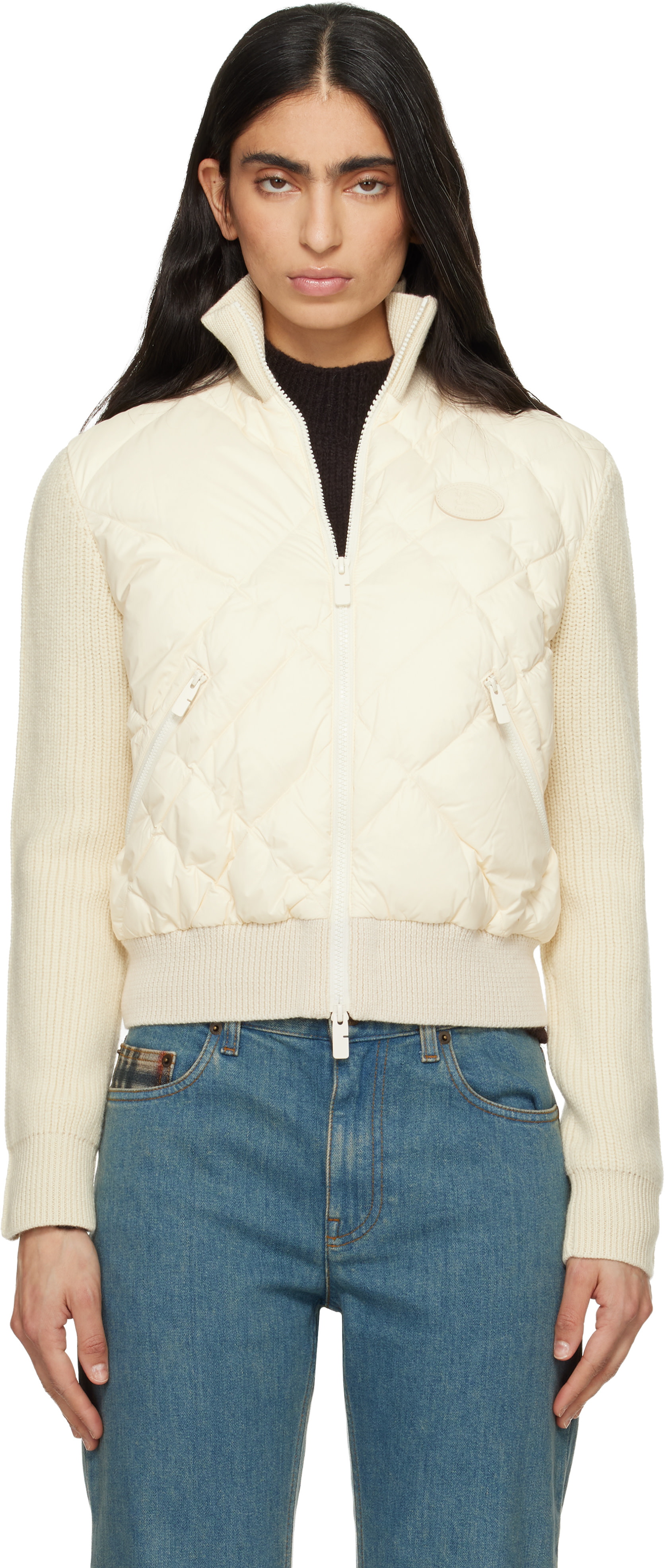 Burberry: Off-White Check-Stitch Nylon & Wool Jacket | SSENSE