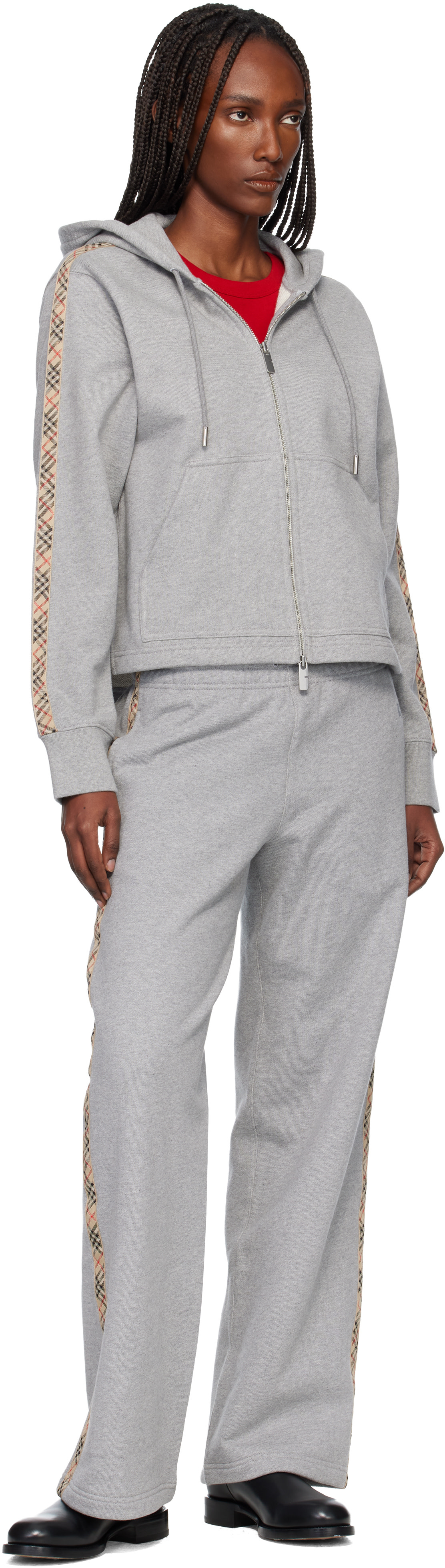 Burberry: Gray Check Trim Cotton Zip Hoodie | SSENSE
