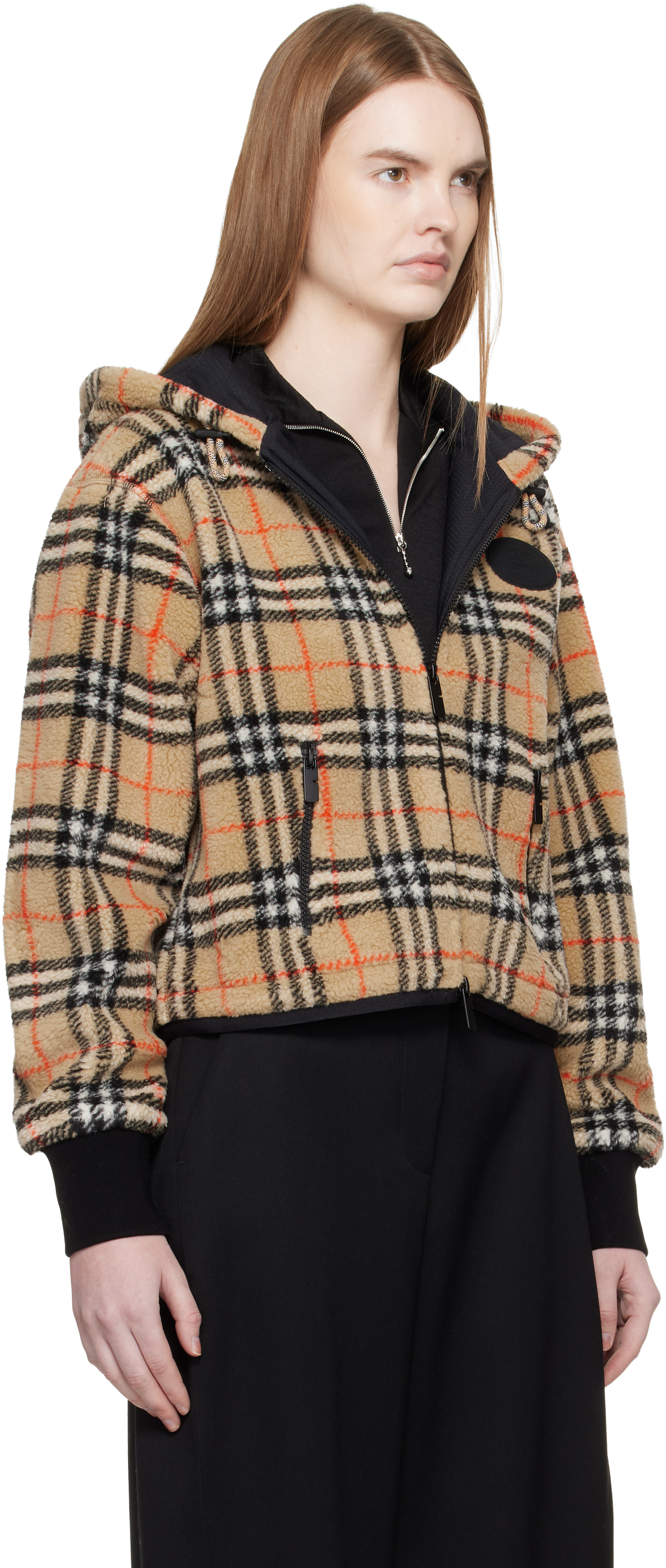 Burberry - Beige Cropped Check Fleece Hooded Jacket