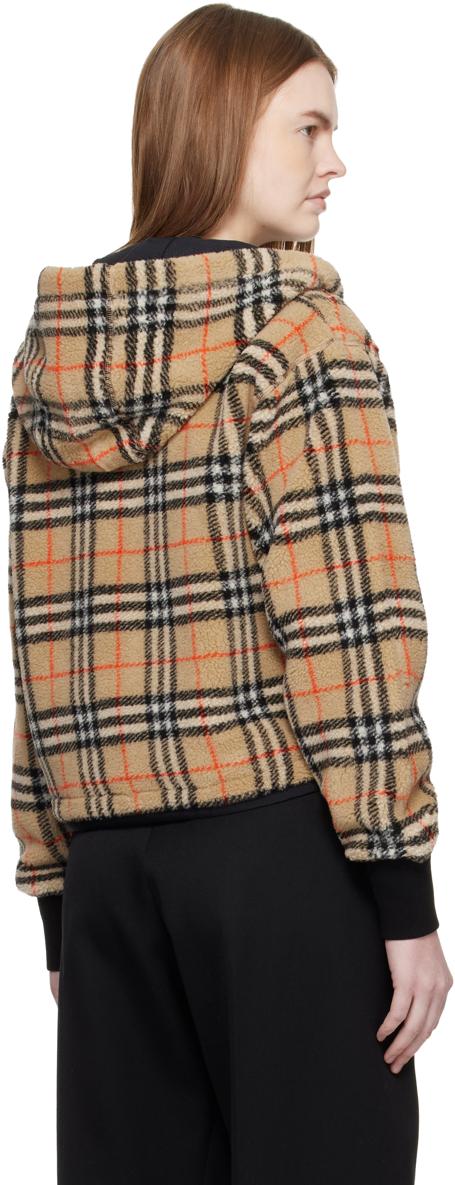 Burberry: ベージュ クロップド チェック フリース フード付き